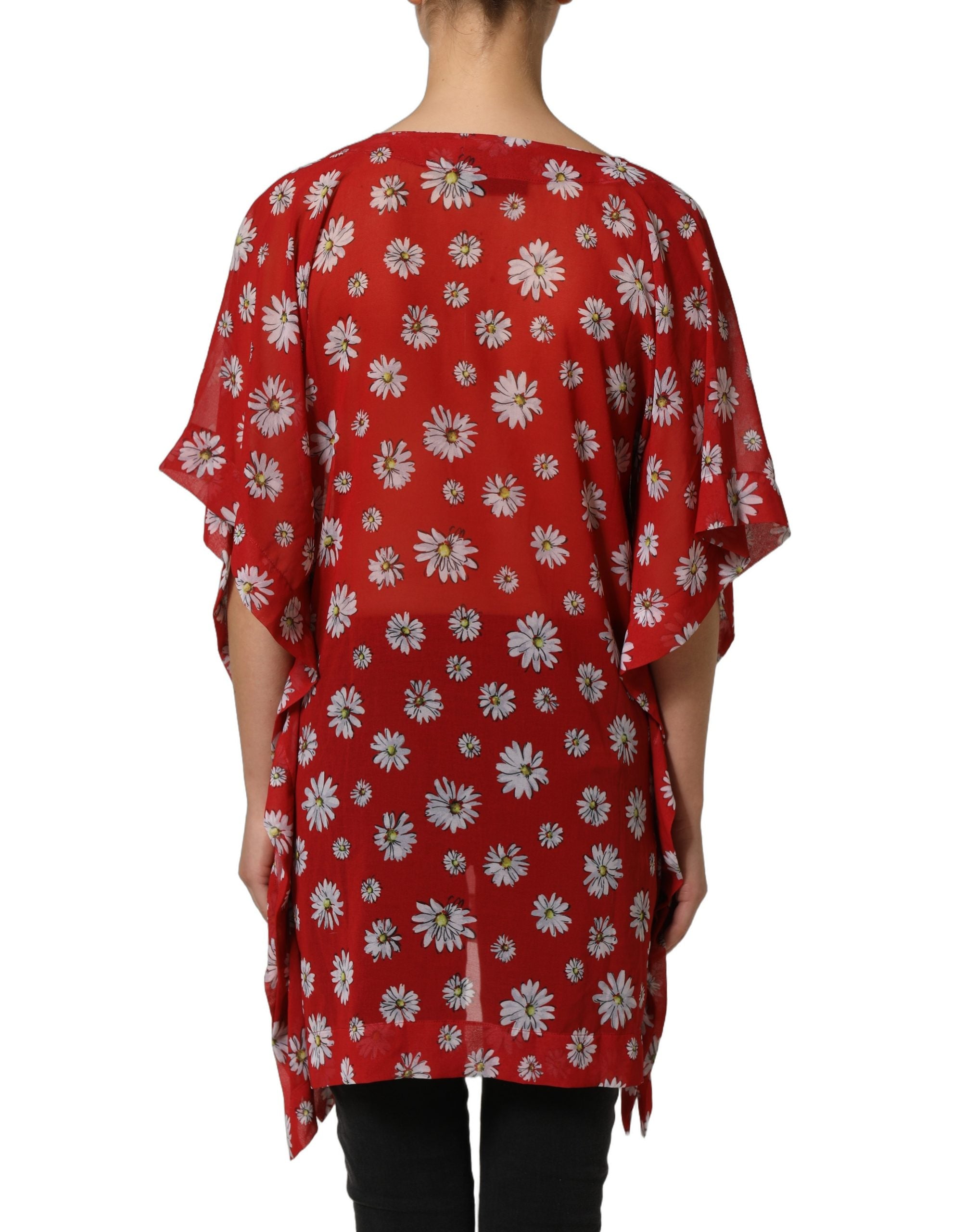Dolce & Gabbana Red Floral V-neck Polyester Kaftan Blouse Women's Top