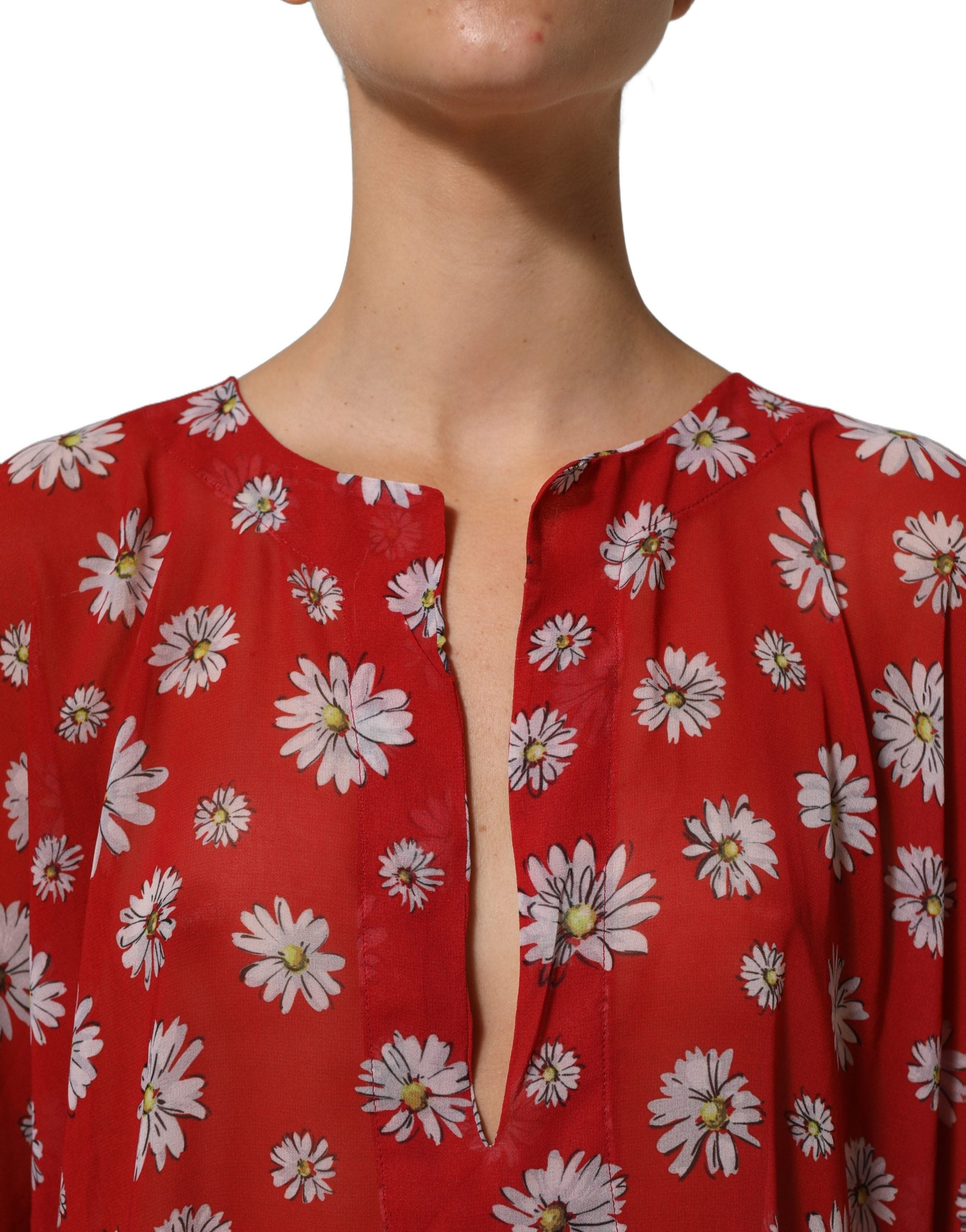 Dolce & Gabbana Red Floral V-neck Polyester Kaftan Blouse Women's Top