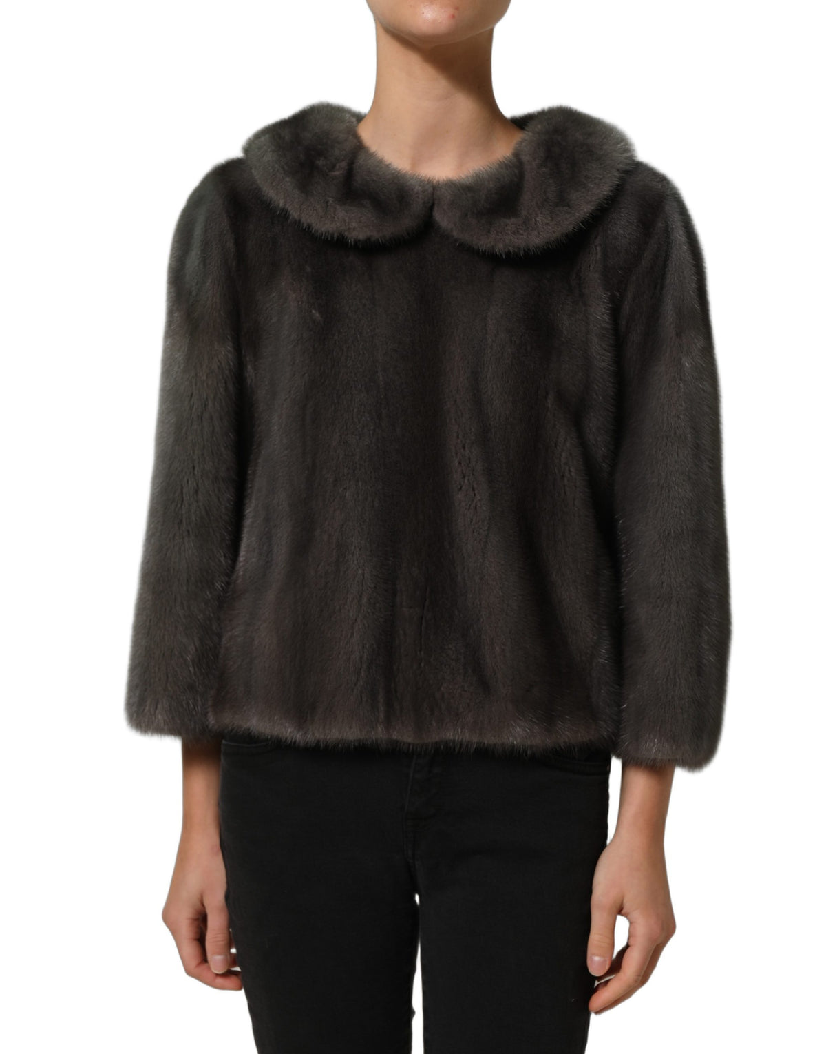 Dolce & Gabbana Dark Gray Mink Fur Round Collar Blouse Women's Top