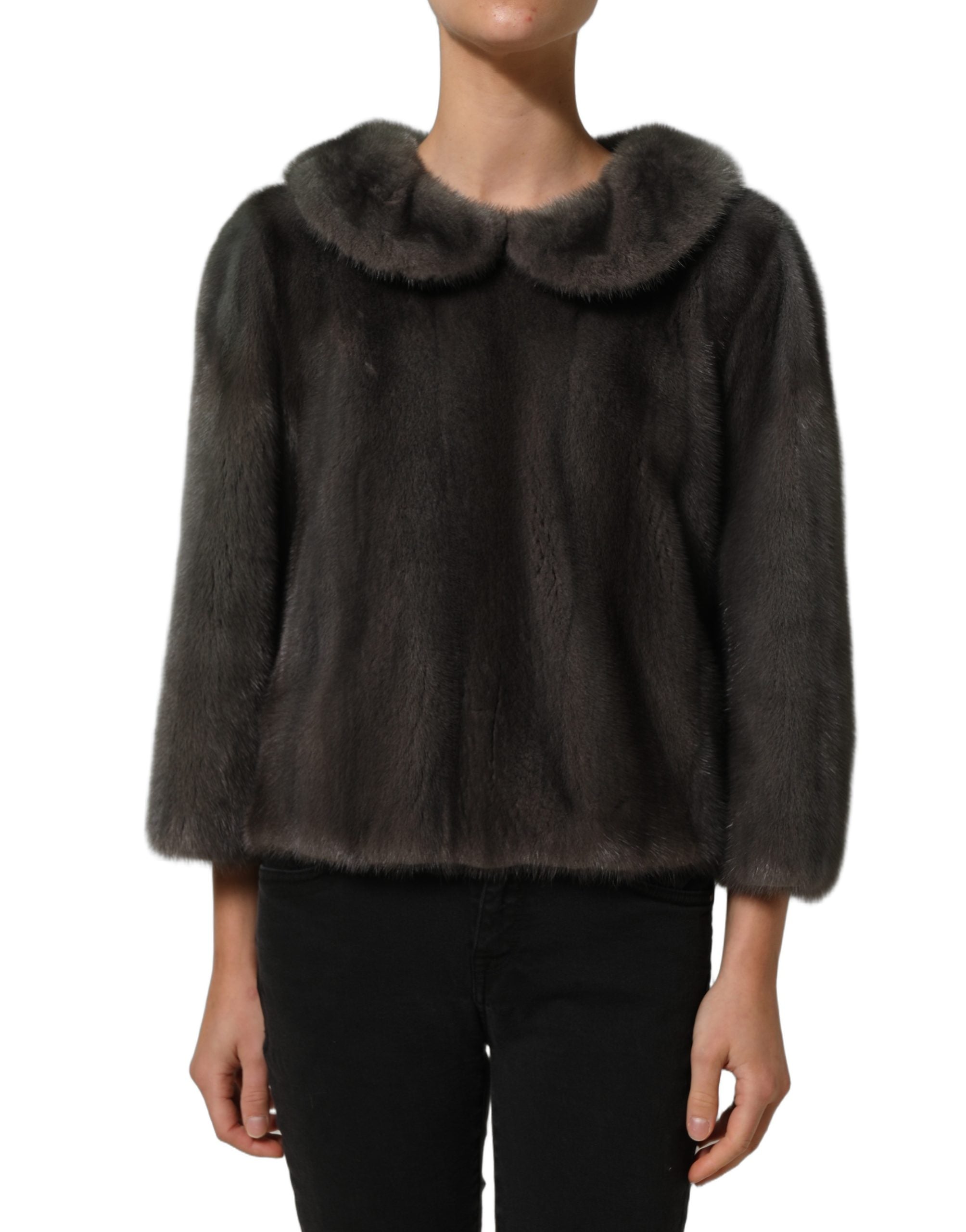 Dolce & Gabbana Dark Gray Mink Fur Round Collar Blouse Women's Top