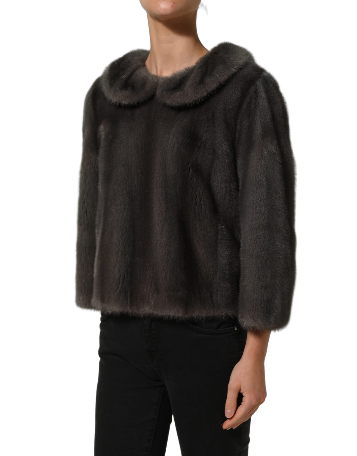 Dolce & Gabbana Dark Gray Mink Fur Round Collar Blouse Women's Top