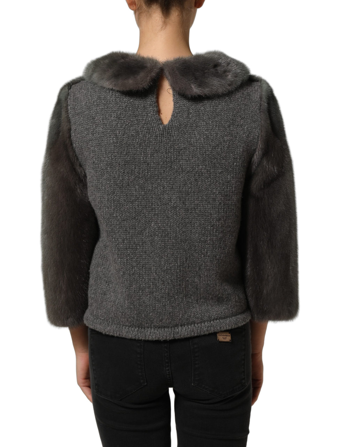 Dolce & Gabbana Dark Gray Mink Fur Round Collar Blouse Women's Top