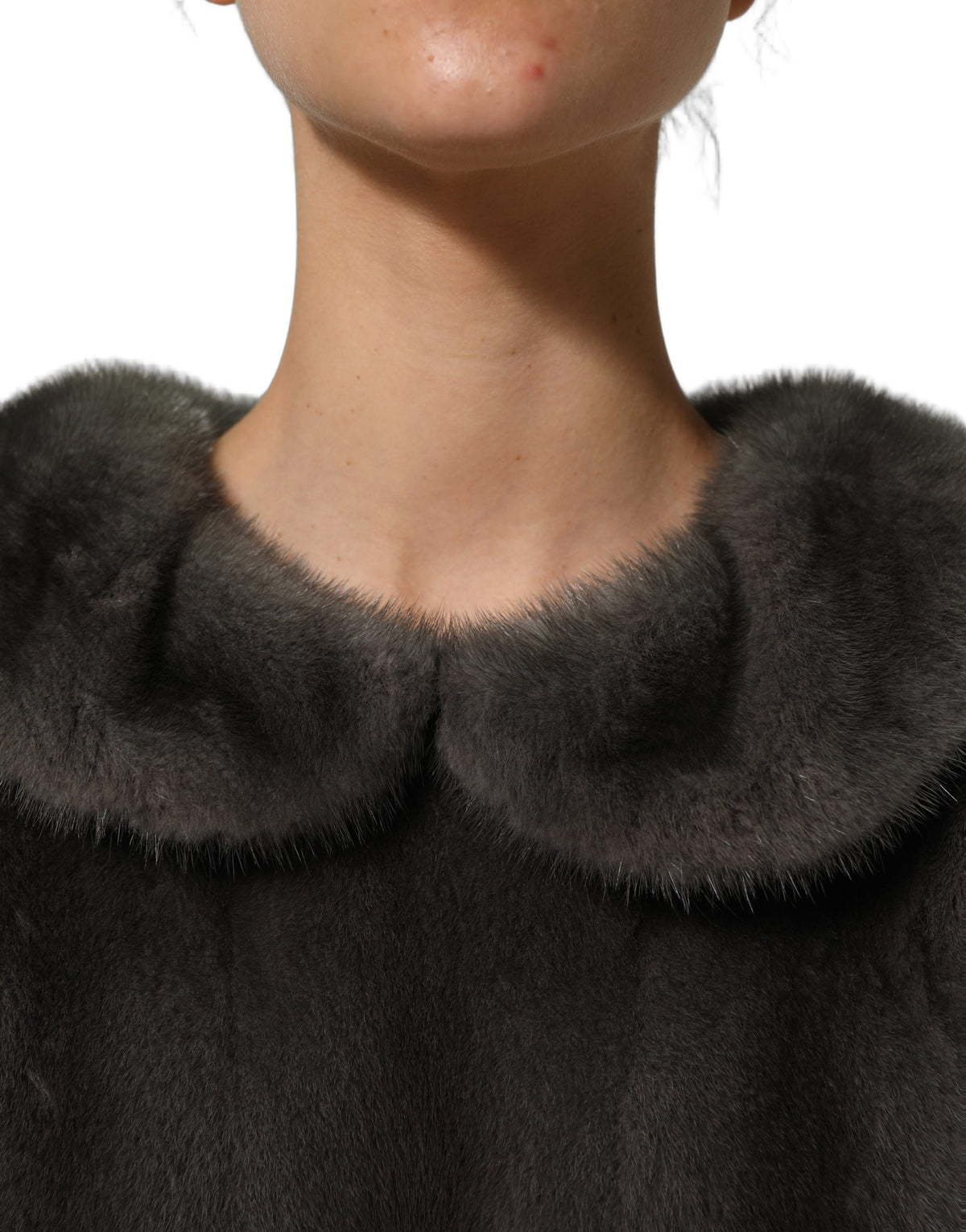 Dolce & Gabbana Dark Gray Mink Fur Round Collar Blouse Women's Top