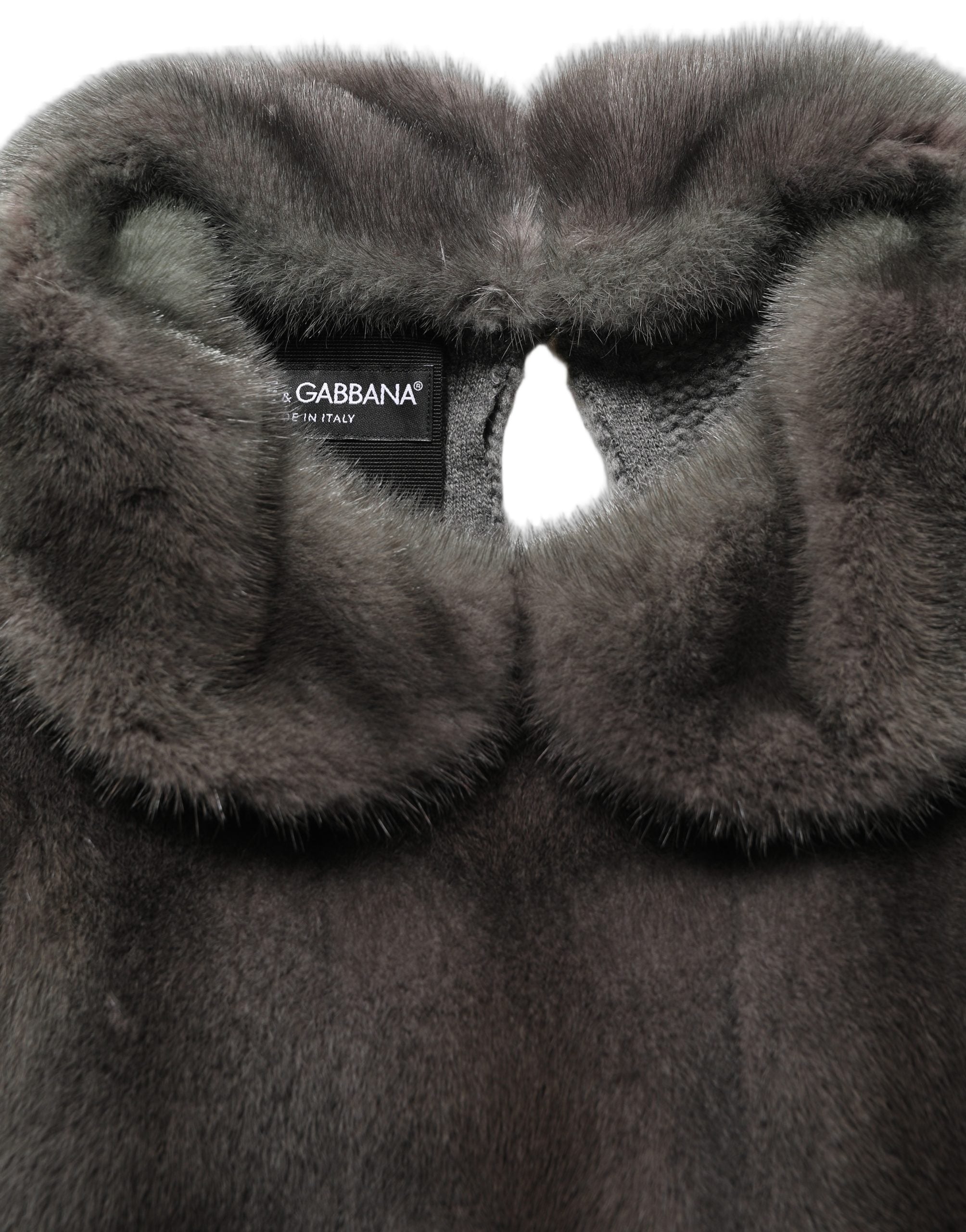 Dolce & Gabbana Dark Gray Mink Fur Round Collar Blouse Women's Top