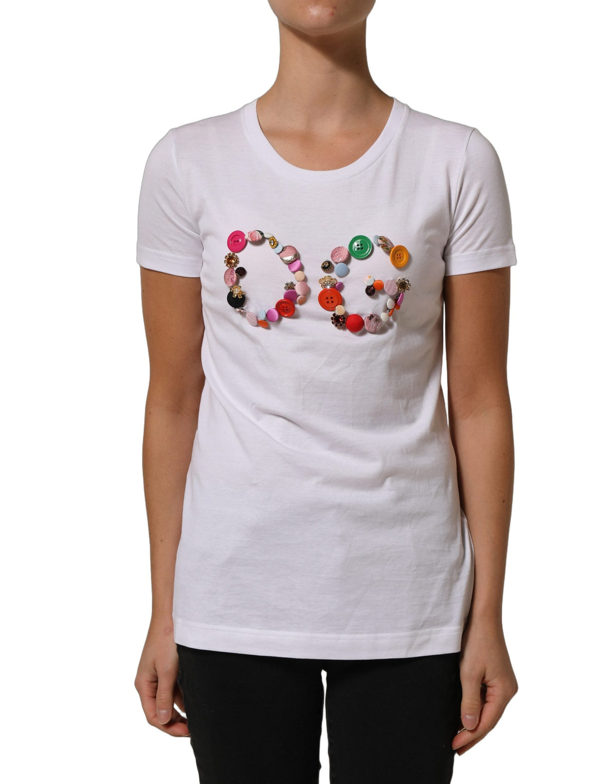 Dolce & Gabbana White DG Logo Embellished Round Neck Women's T-shirt (Pre-Owned)
