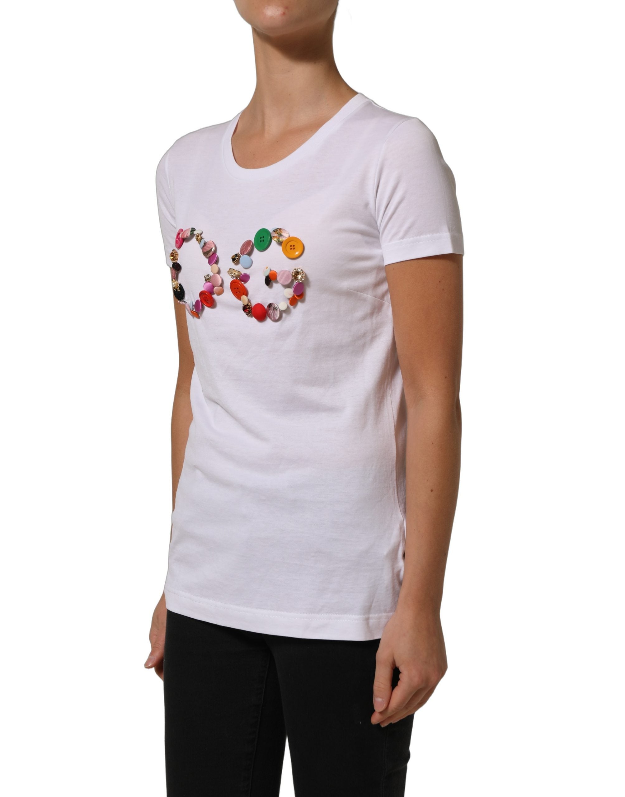 Dolce & Gabbana White DG Logo Embellished Round Neck Women's T-shirt (Pre-Owned)
