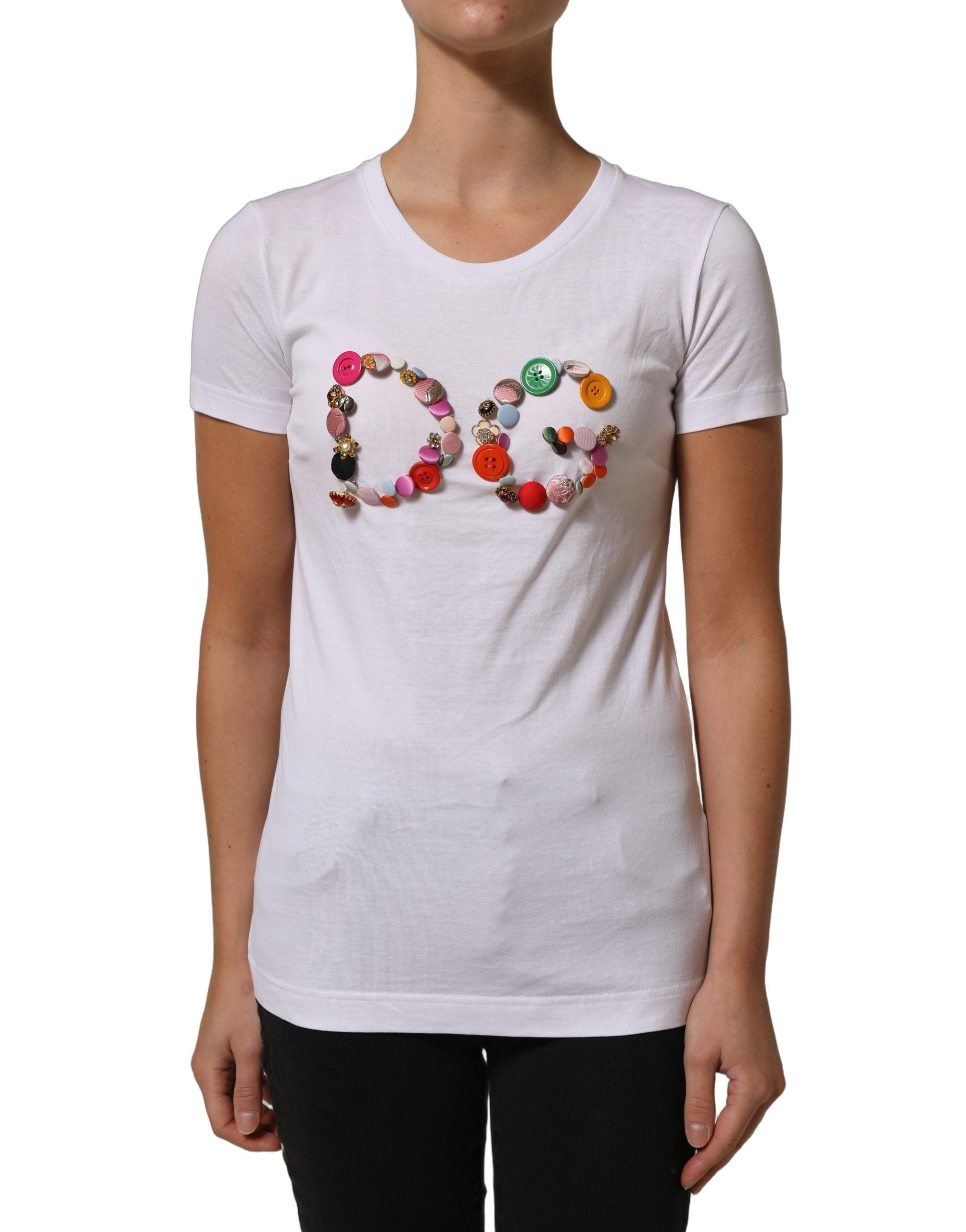 Dolce & Gabbana White DG Logo Embellished Round Neck Women's T-shirt