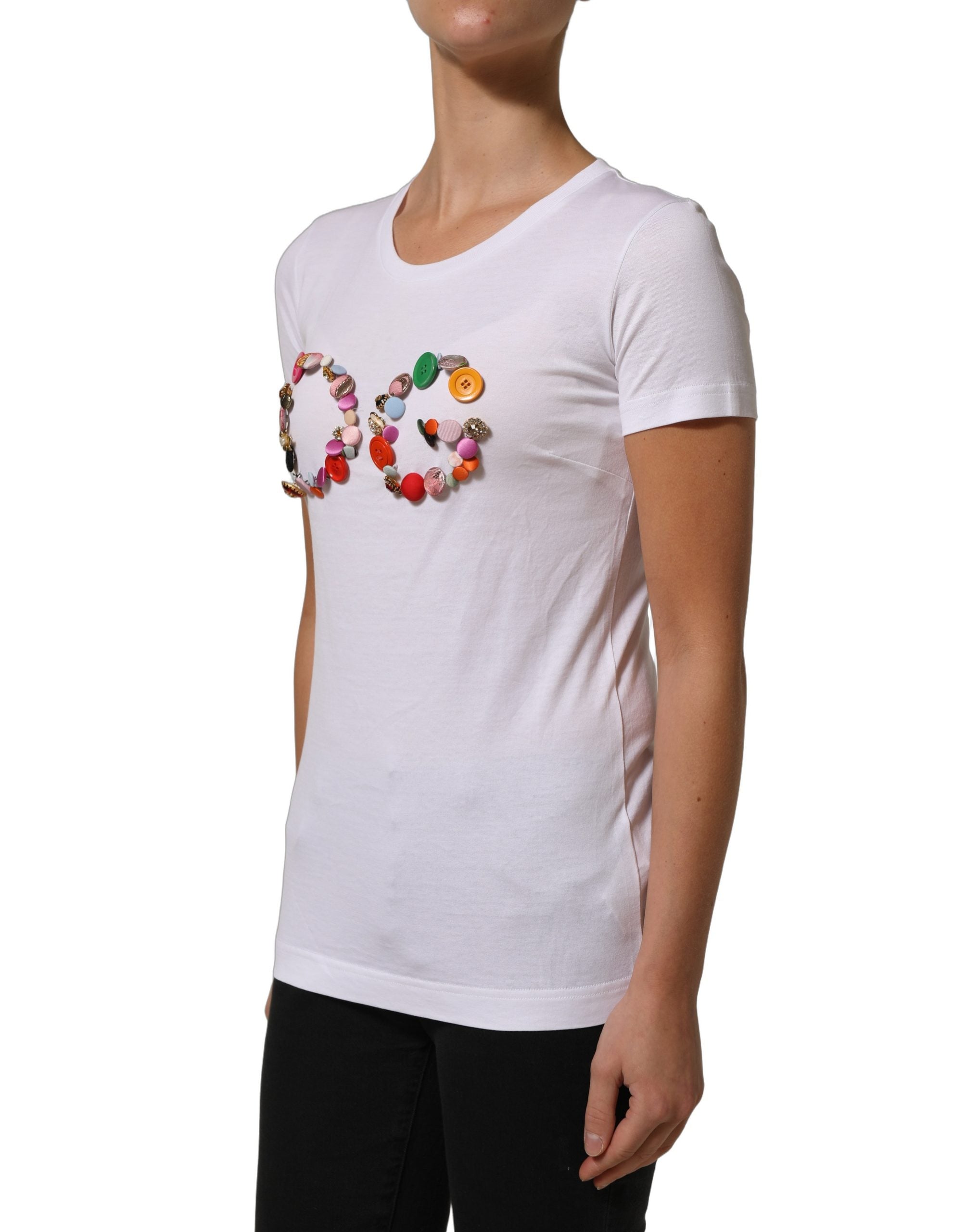Dolce & Gabbana White DG Logo Embellished Round Neck Women's T-shirt