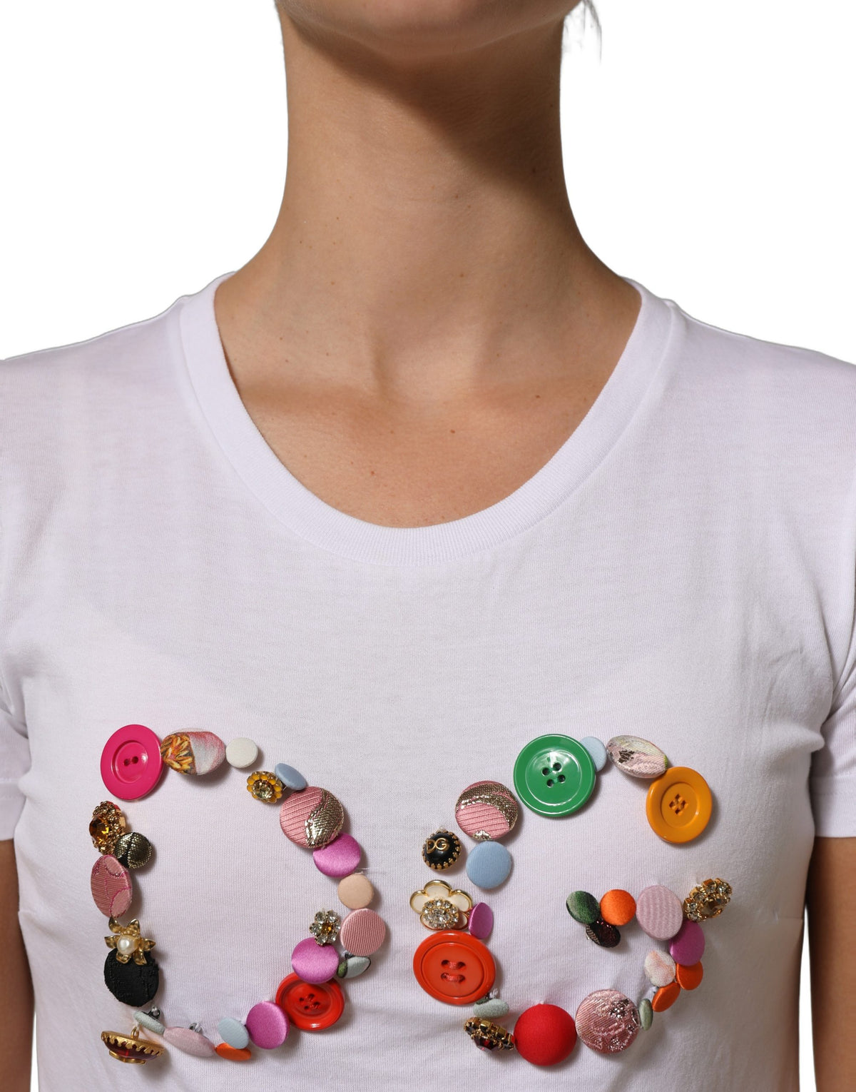 Dolce & Gabbana White DG Logo Embellished Round Neck Women's T-shirt