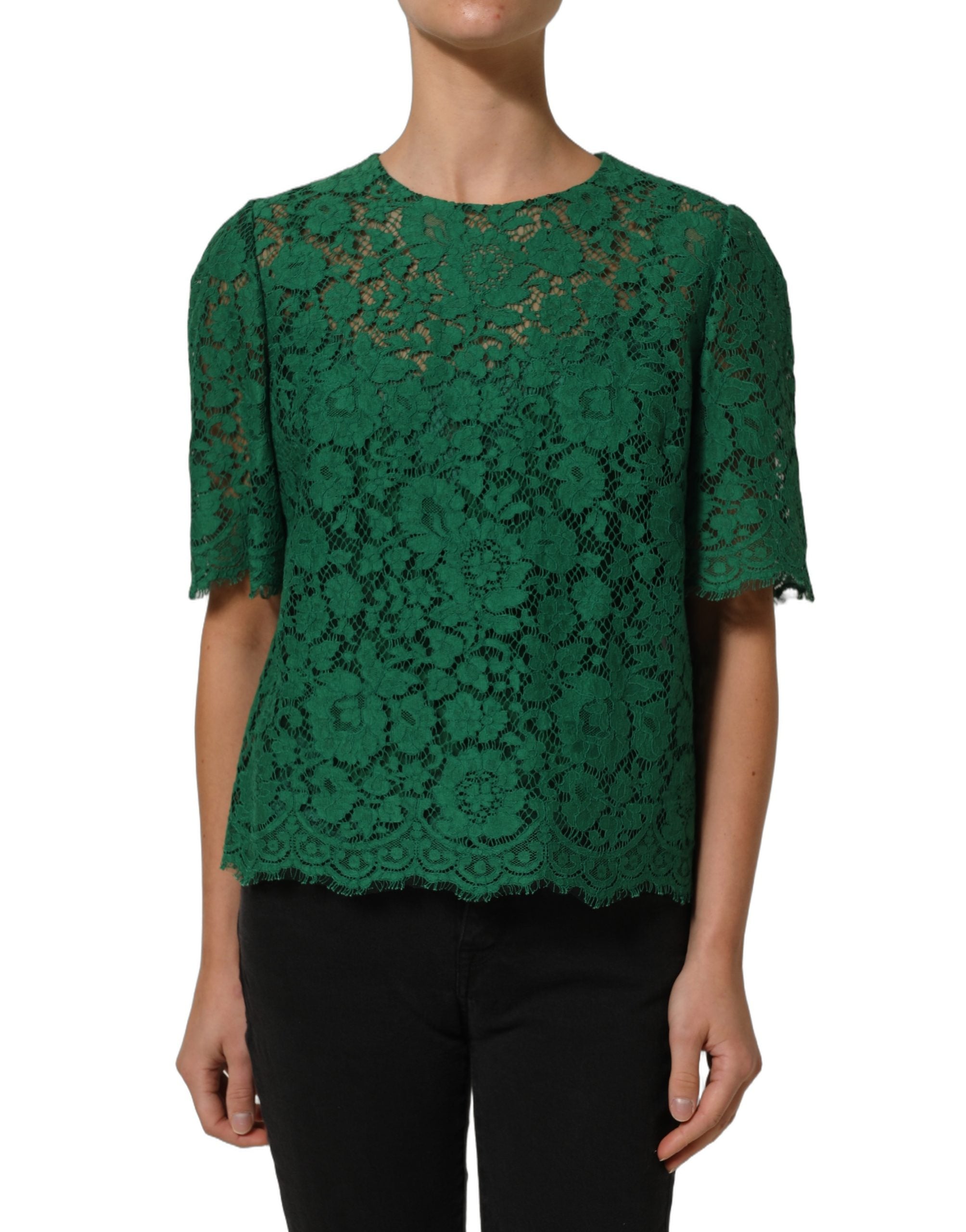 Dolce & Gabbana Green Floral Lace Round Neck Blouse Women's Top