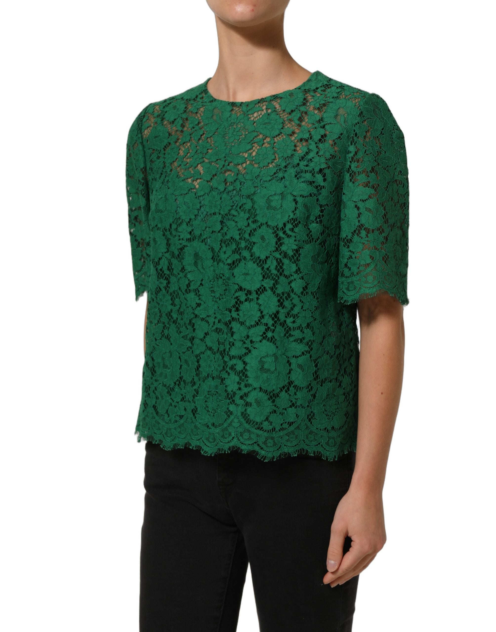 Dolce & Gabbana Green Floral Lace Round Neck Blouse Women's Top
