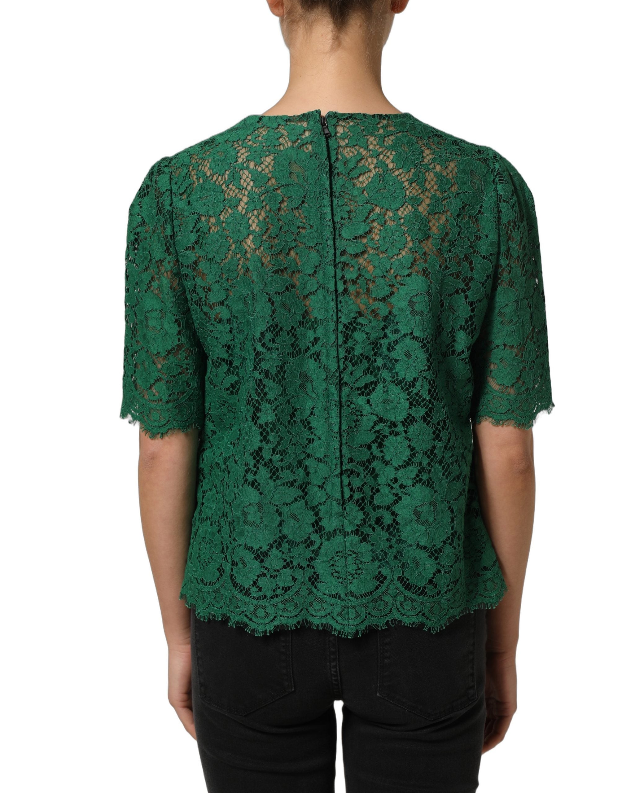 Dolce & Gabbana Green Floral Lace Round Neck Blouse Women's Top