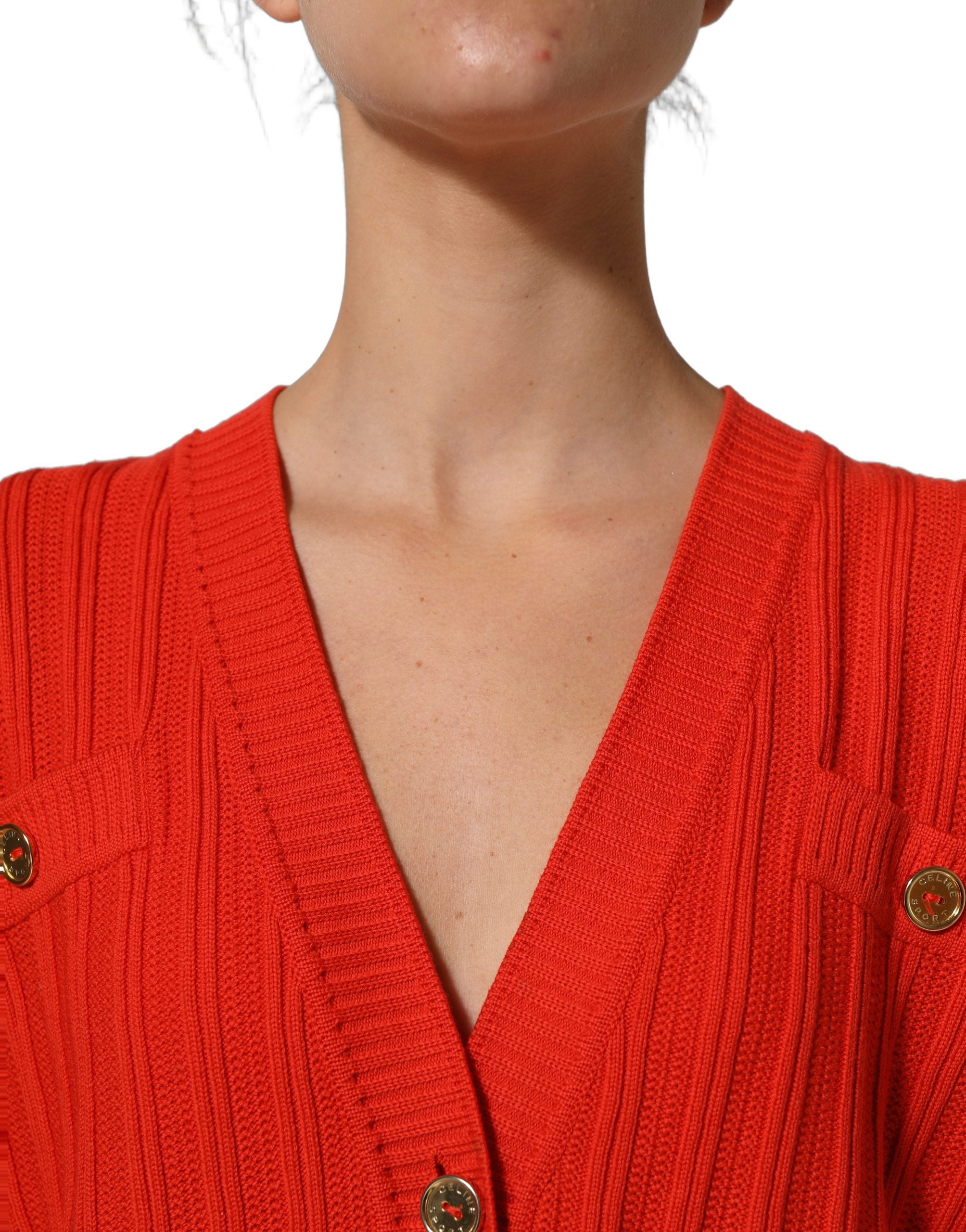 Celine Red Wool Knit ButtonEmbellished Cardigan Women's Sweater (Pre-Owned)