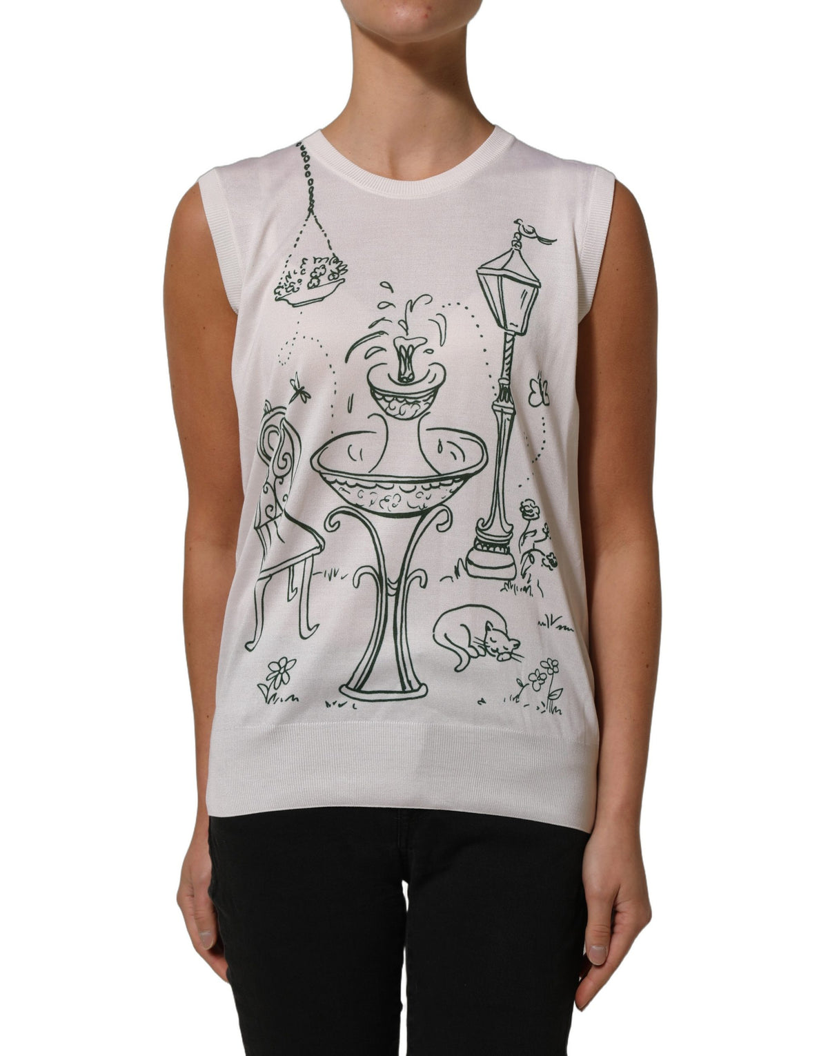 Dolce & Gabbana White Silk Knit Garden Fountain Print Tank Women's Top