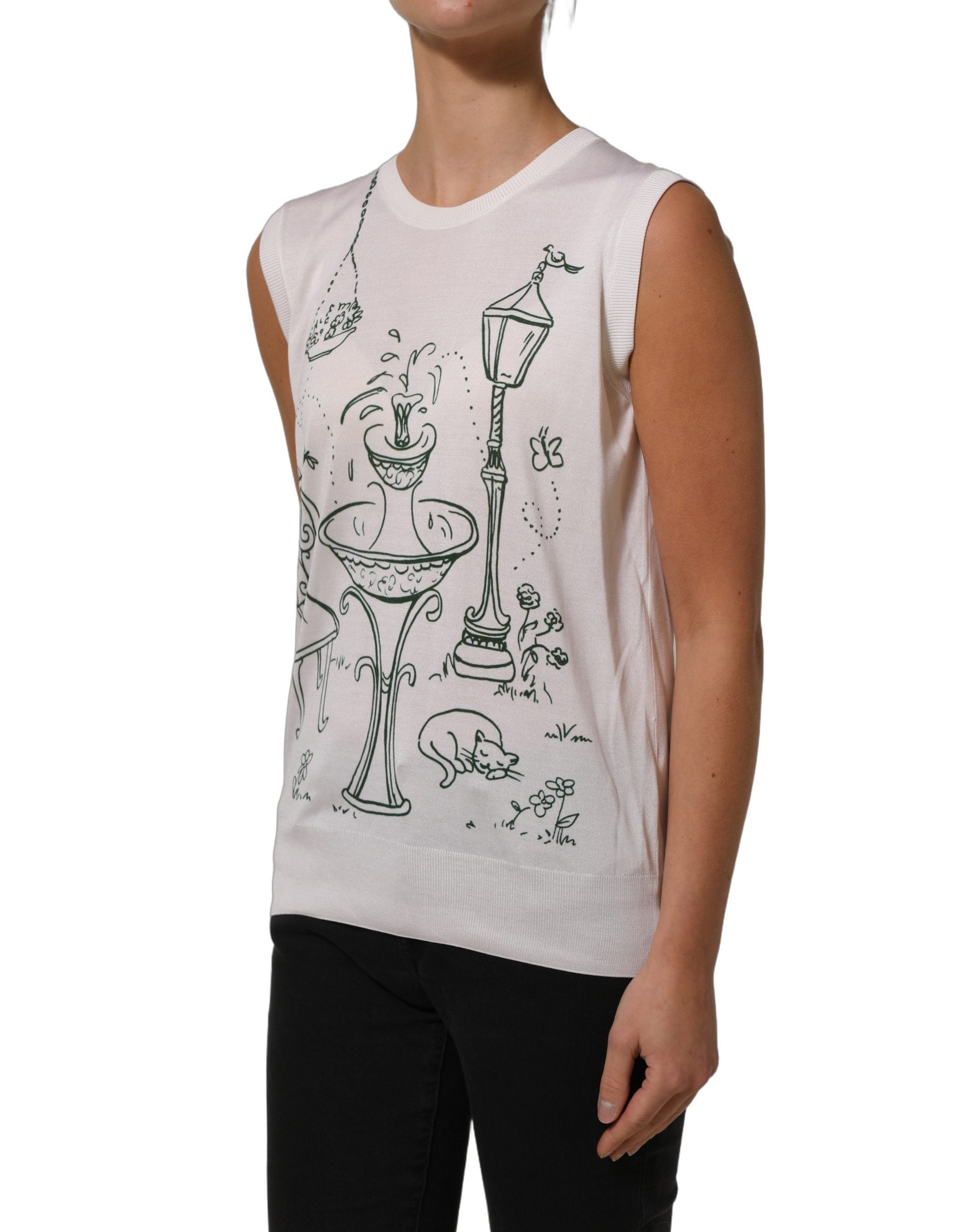 Dolce & Gabbana White Silk Knit Garden Fountain Print Tank Women's Top