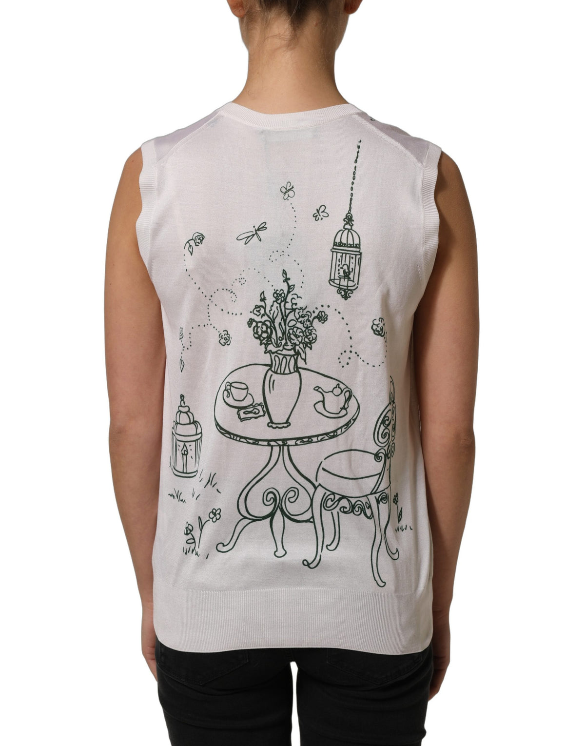 Dolce & Gabbana White Silk Knit Garden Fountain Print Tank Women's Top