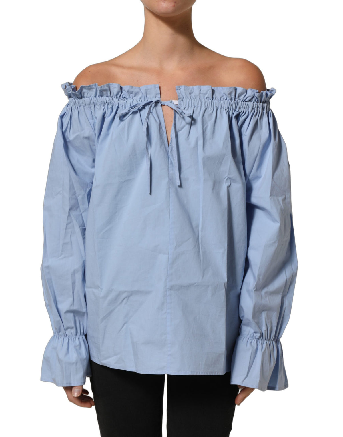L'Autre Chose Light Blue Cotton Off Shoulder Long Sleeves Women's Top (Pre-Owned)
