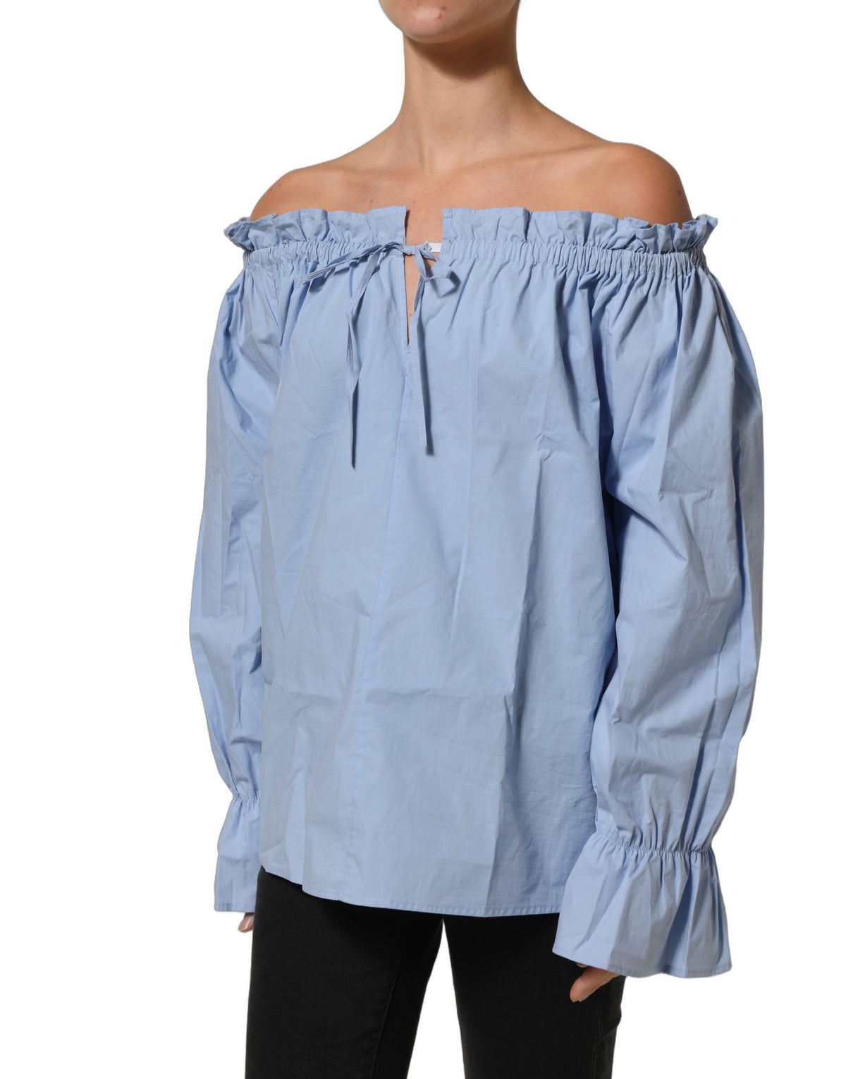 L'Autre Chose Light Blue Cotton Off Shoulder Long Sleeves Women's Top (Pre-Owned)