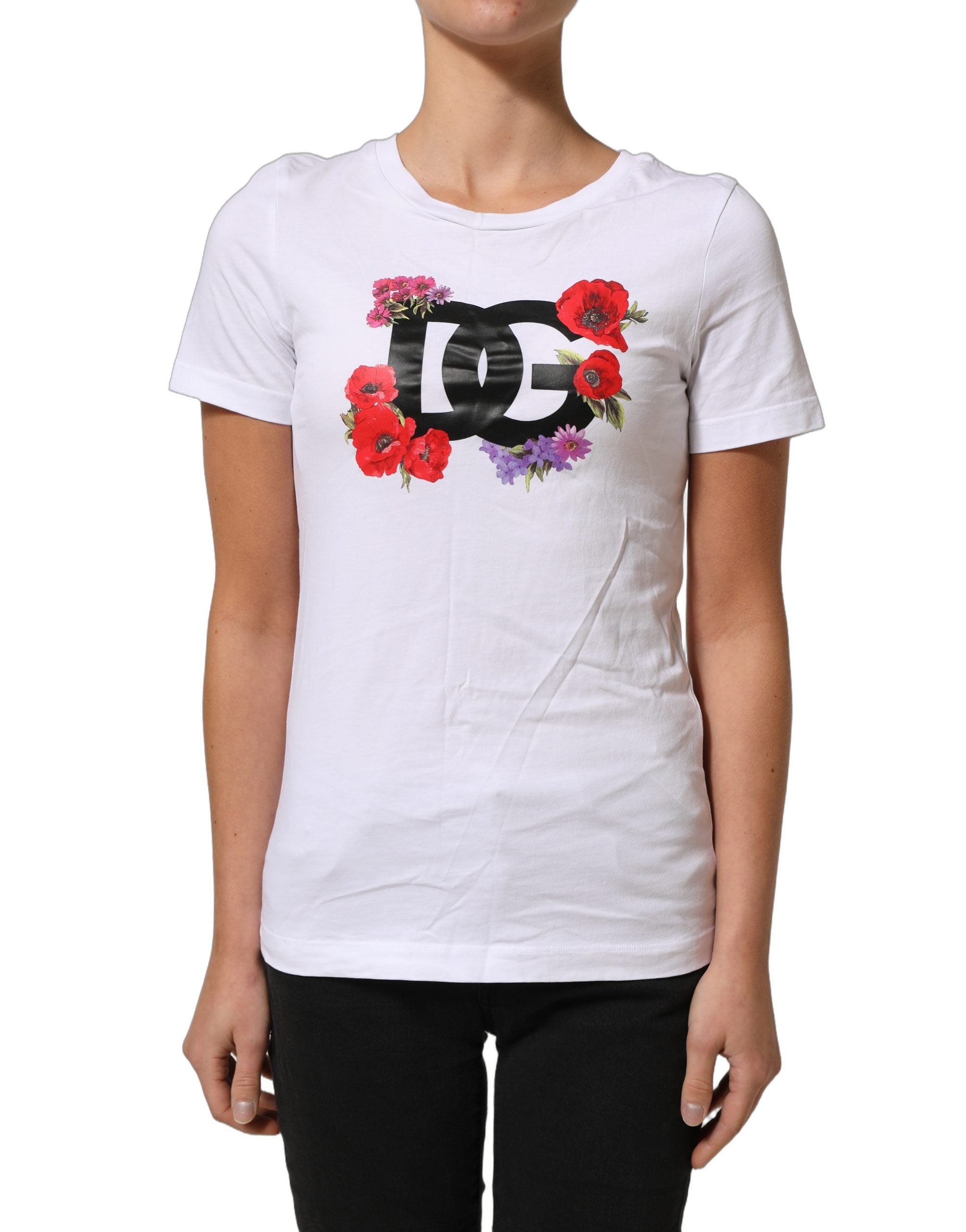 Dolce & Gabbana White Floral Logo Cotton Round Neck Women's T-shirt (Pre-Owned)