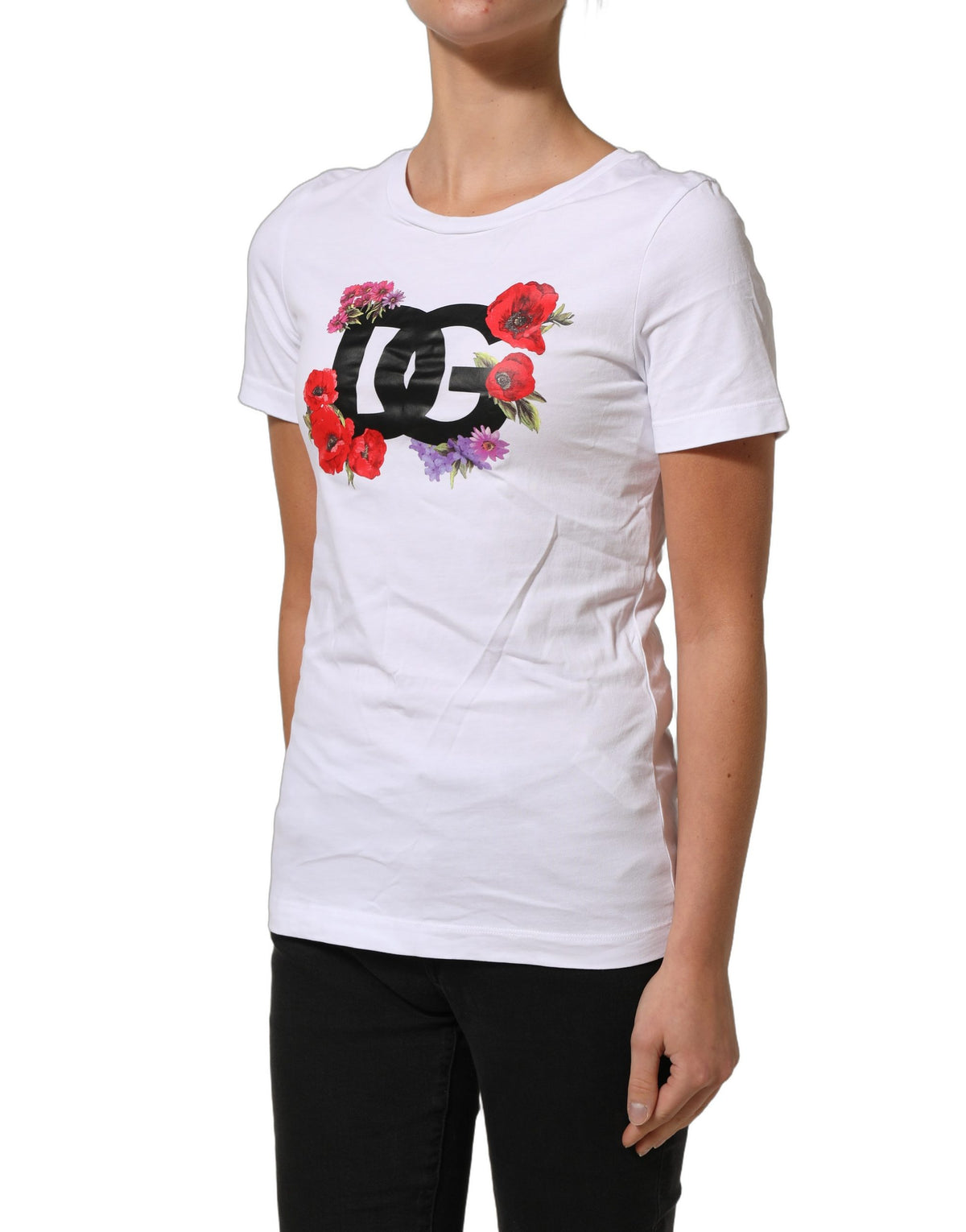 Dolce & Gabbana White Floral Logo Cotton Round Neck Women's T-shirt (Pre-Owned)