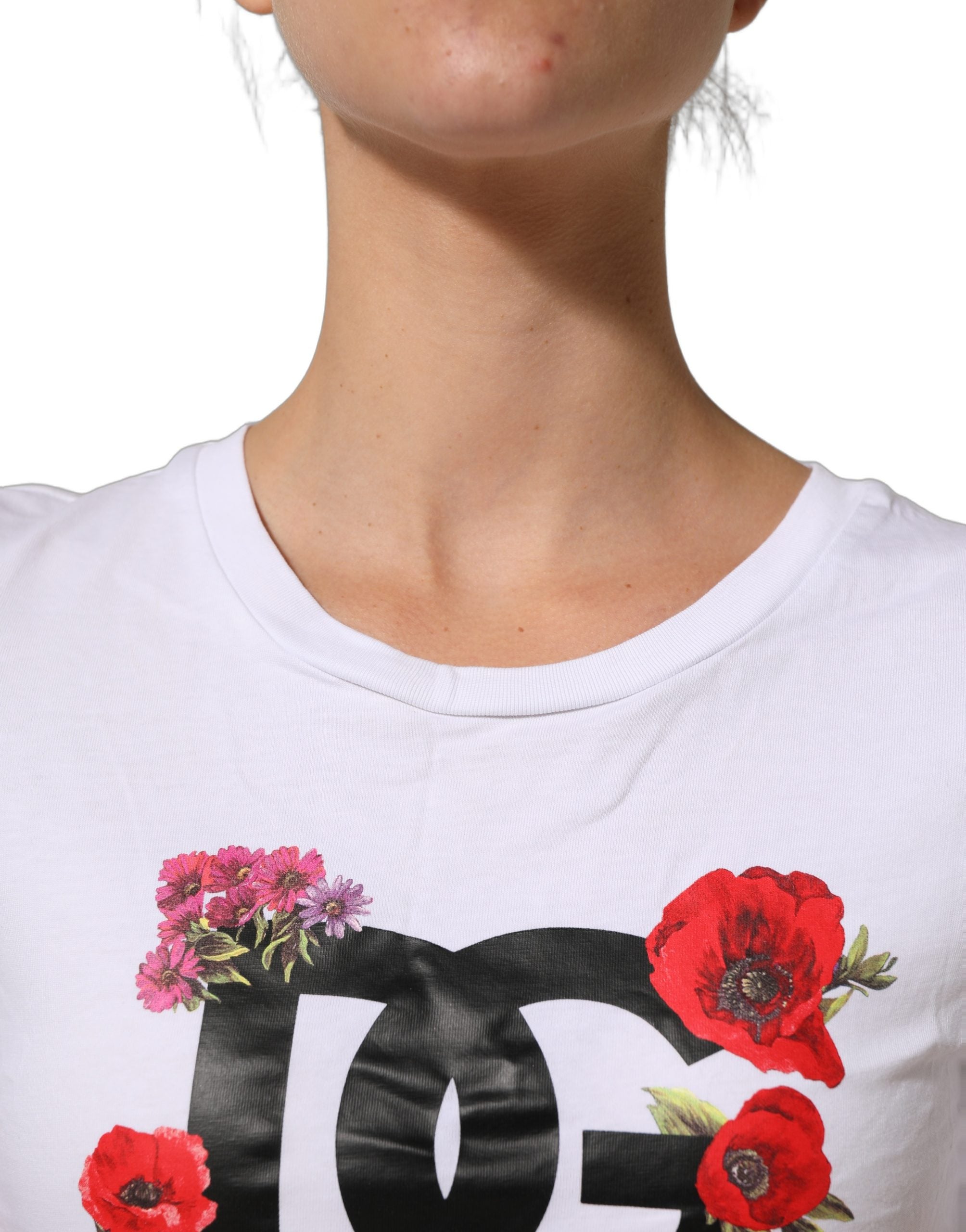 Dolce & Gabbana White Floral Logo Cotton Round Neck Women's T-shirt (Pre-Owned)