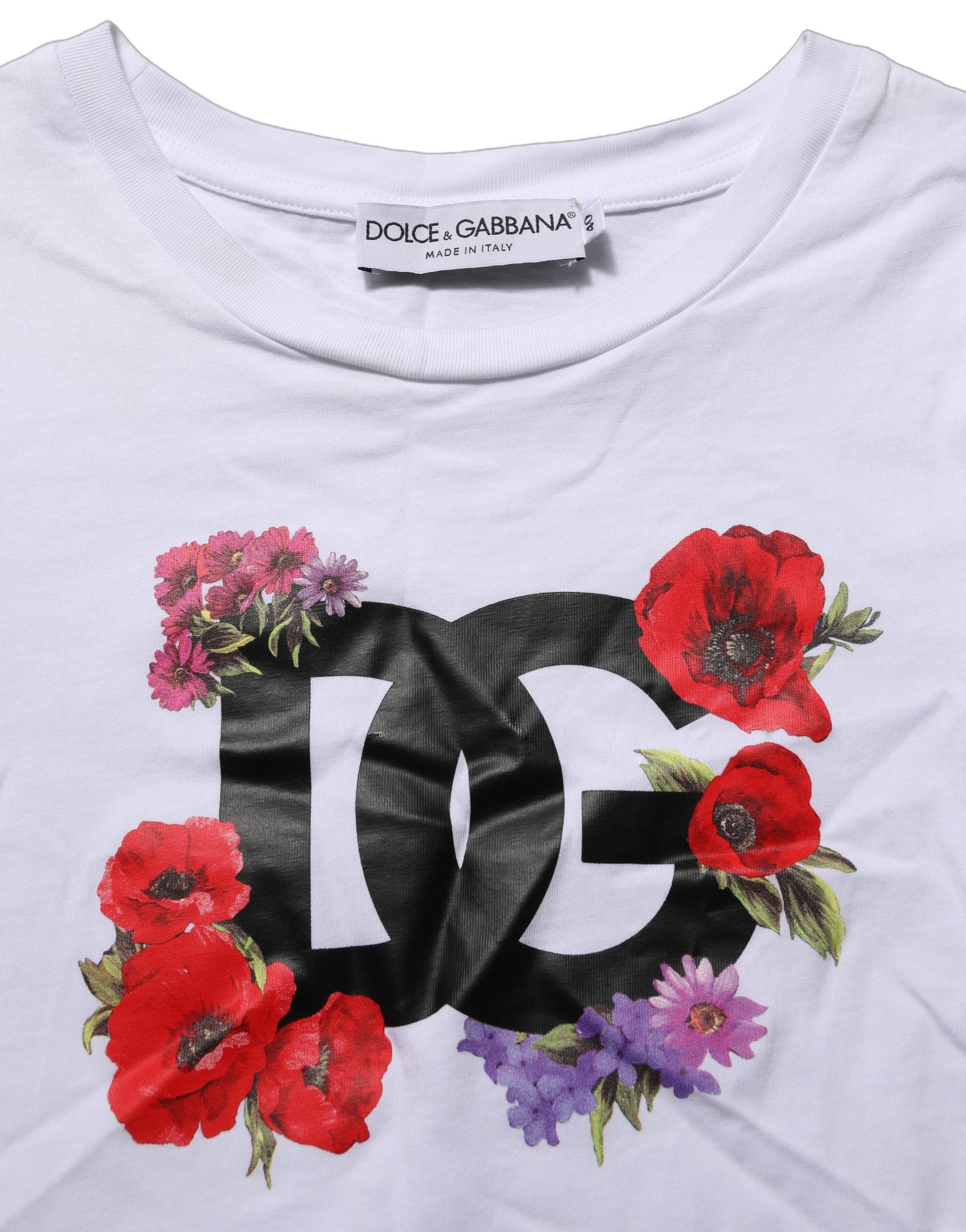 Dolce & Gabbana White Floral Logo Cotton Round Neck Women's T-shirt (Pre-Owned)
