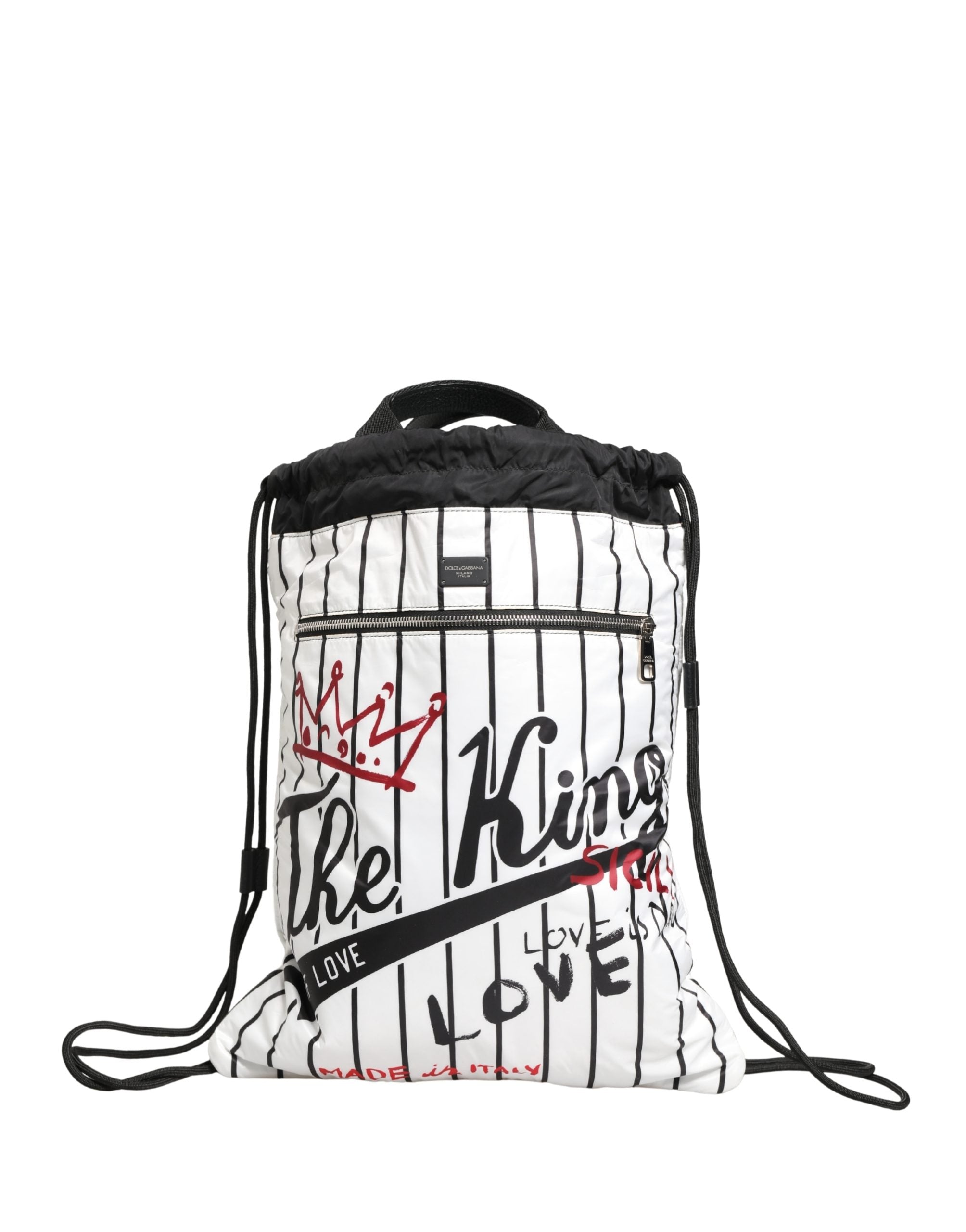 Dolce & Gabbana Black White Striped Polyester Drawstring Backpack Men Men's Bag