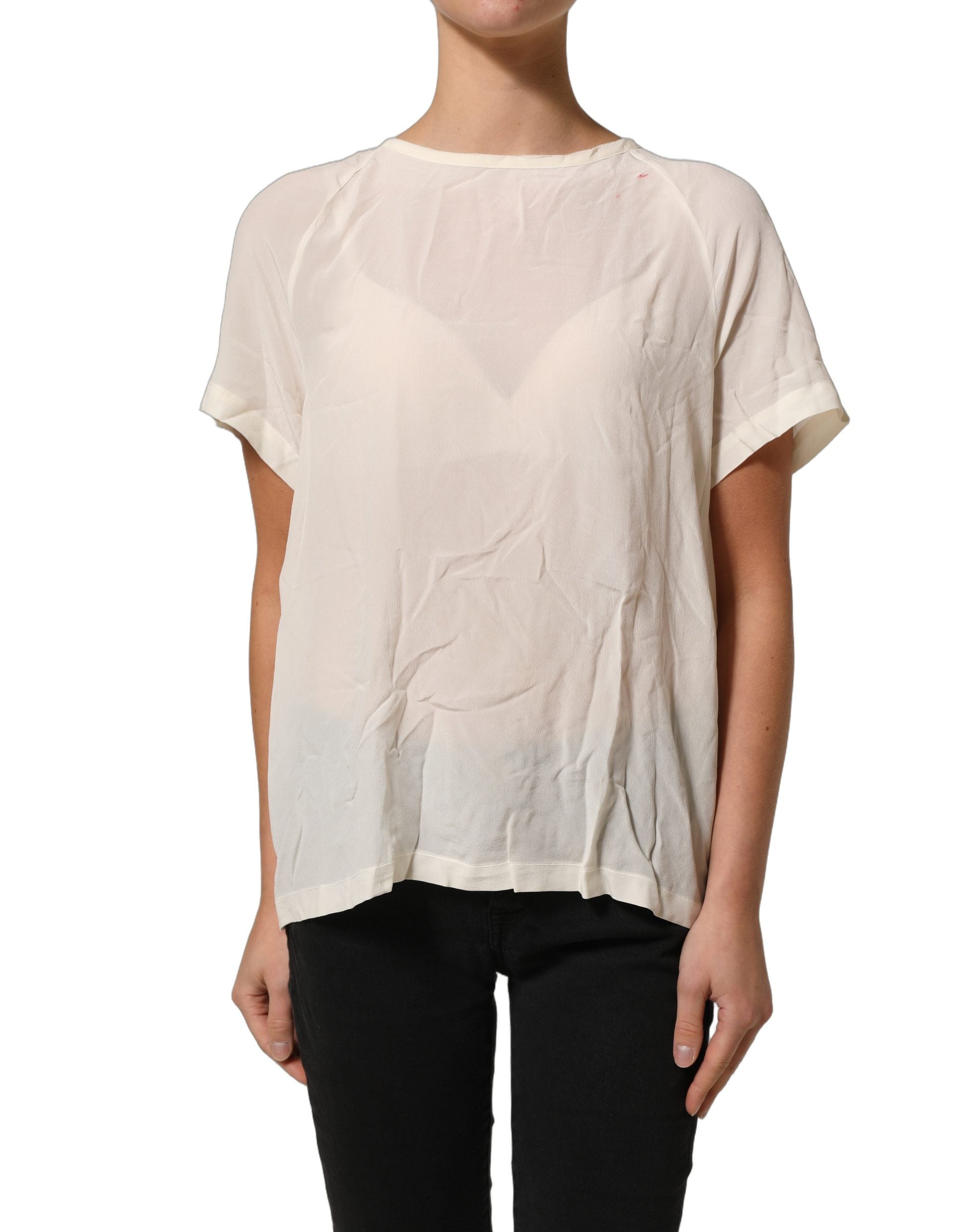 PINKO Off White Silk Sheer Round Neck Short Sleeves Blouse Women's Top (Pre-Owned)