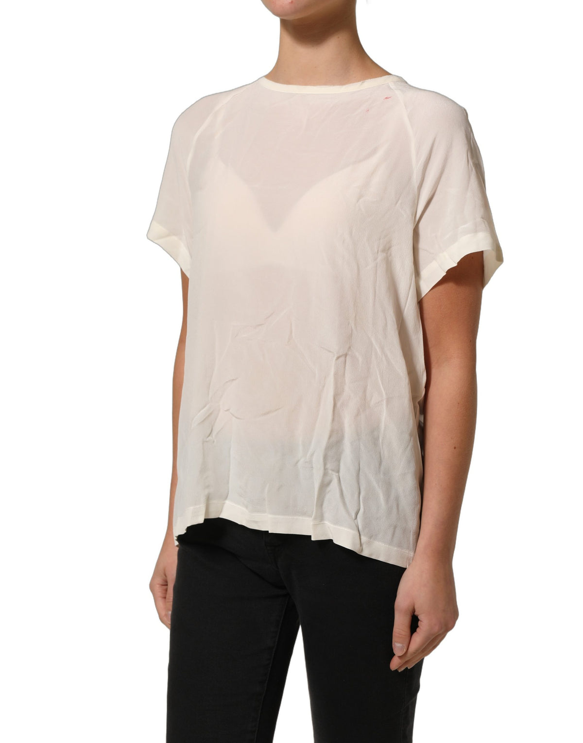 PINKO Off White Silk Sheer Round Neck Short Sleeves Blouse Women's Top (Pre-Owned)