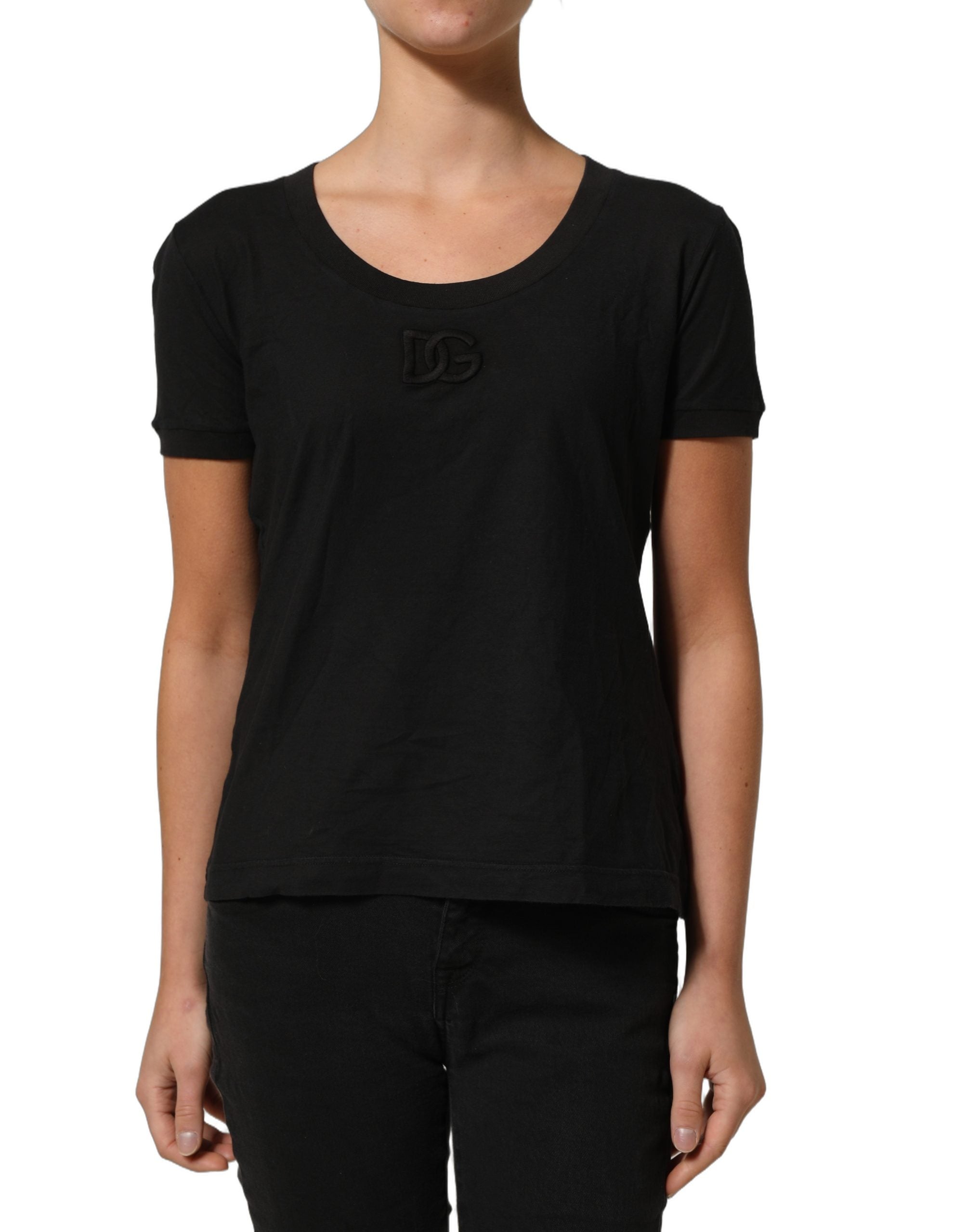 Dolce & Gabbana Black DG Logo Cotton Round Neck Tee Women's T-shirt (Pre-Owned)