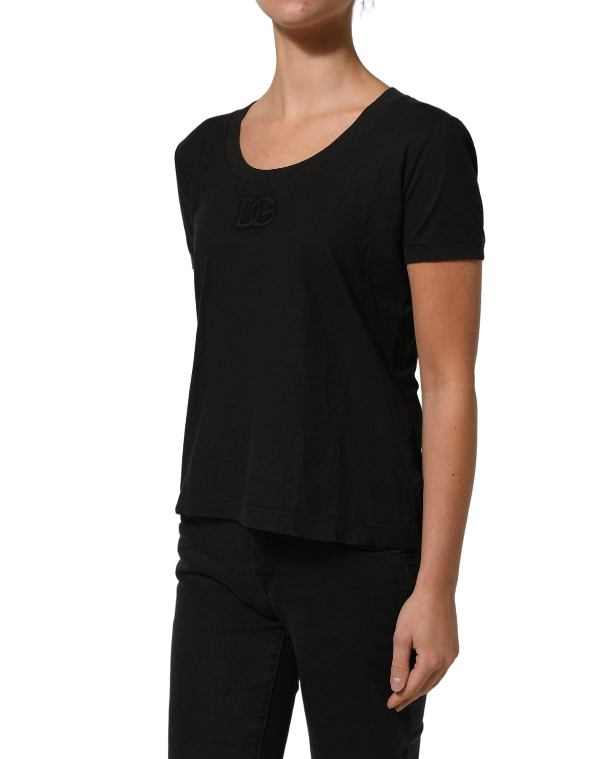 Dolce & Gabbana Black DG Logo Cotton Round Neck Tee Women's T-shirt (Pre-Owned)