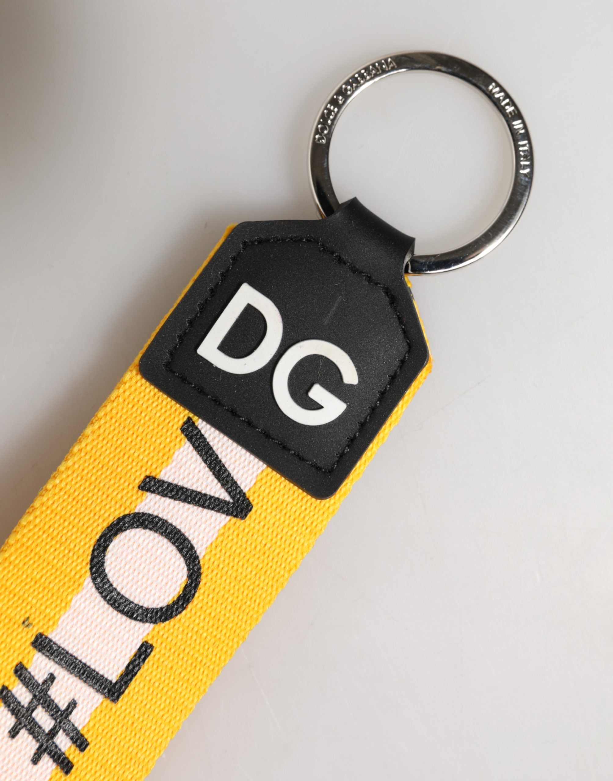 Dolce & Gabbana Yellow Logo Polyester Silver Brass Holder Keychain Women's Keyring