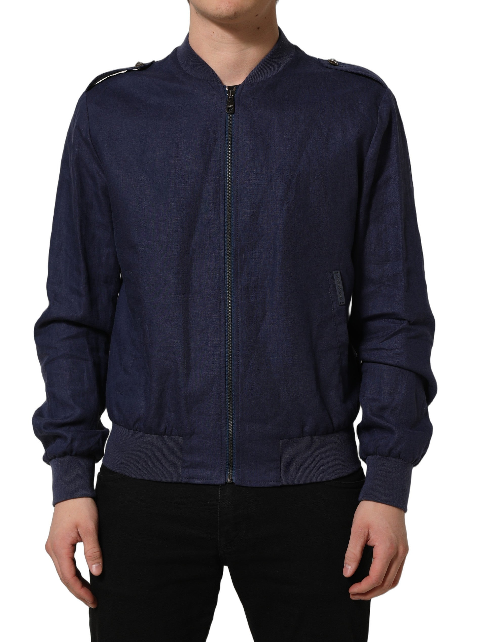 Dolce & Gabbana Blue Linen Full Zip Men Bomber Men's Jacket