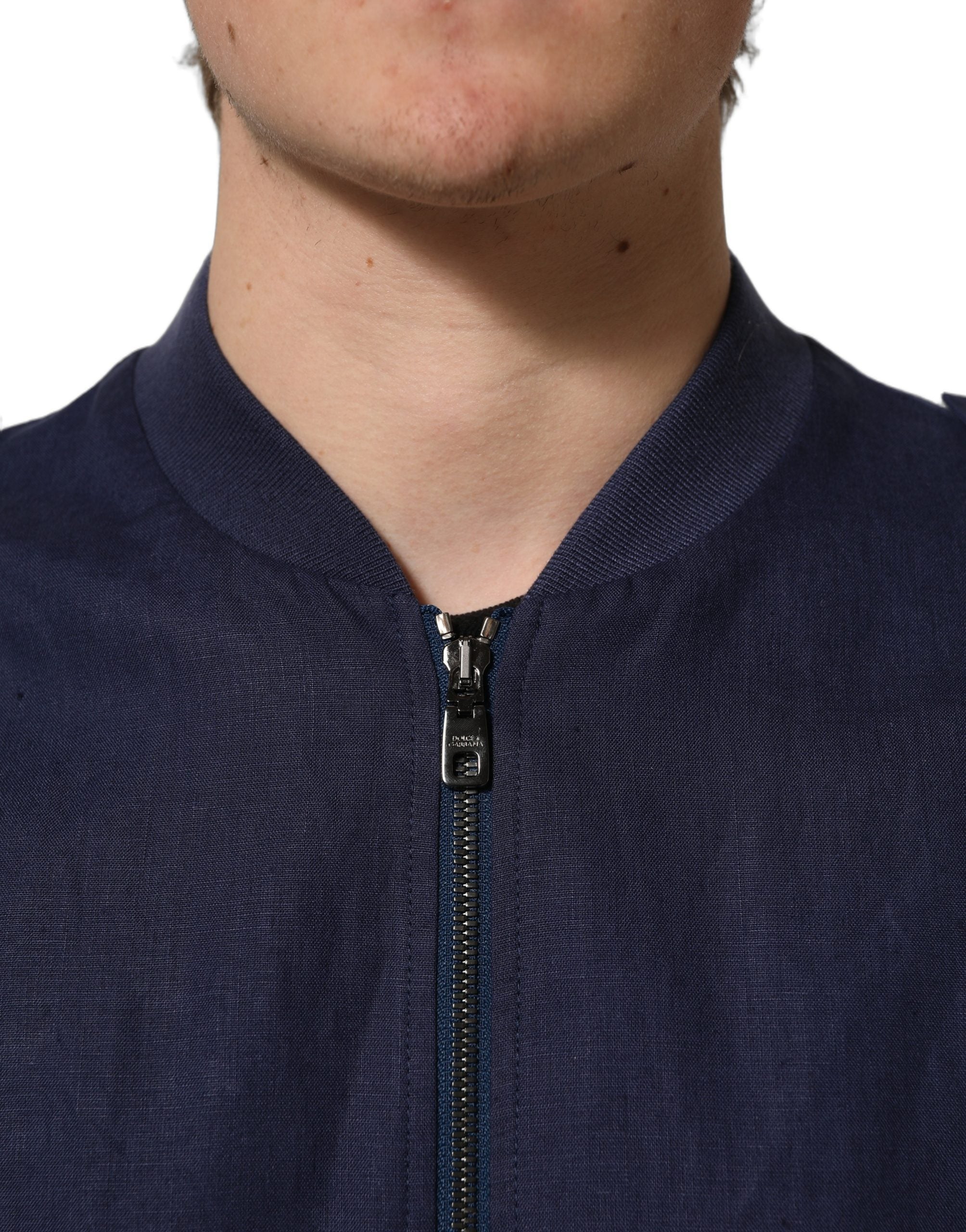 Dolce & Gabbana Blue Linen Full Zip Men Bomber Men's Jacket