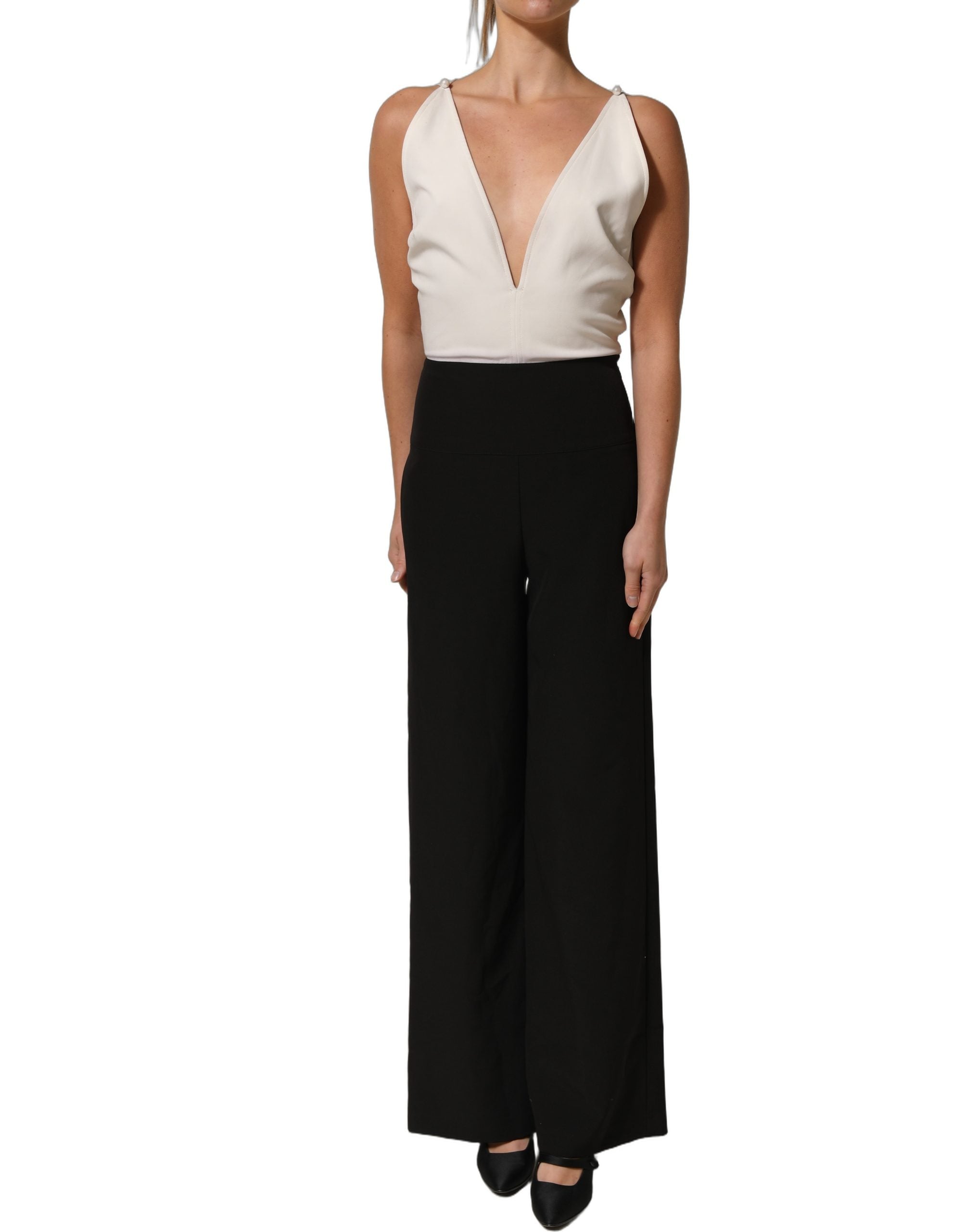 Atos Lombardini White Black Plunging Neck Sleeveless Bodysuit Women's Dress (Pre-Owned)