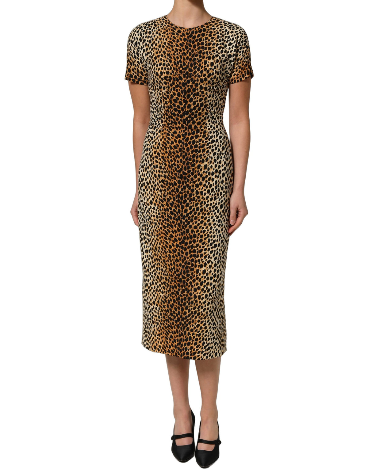 Dolce & Gabbana Brown Leopard Print Silk Sheath Midi Women's Dress