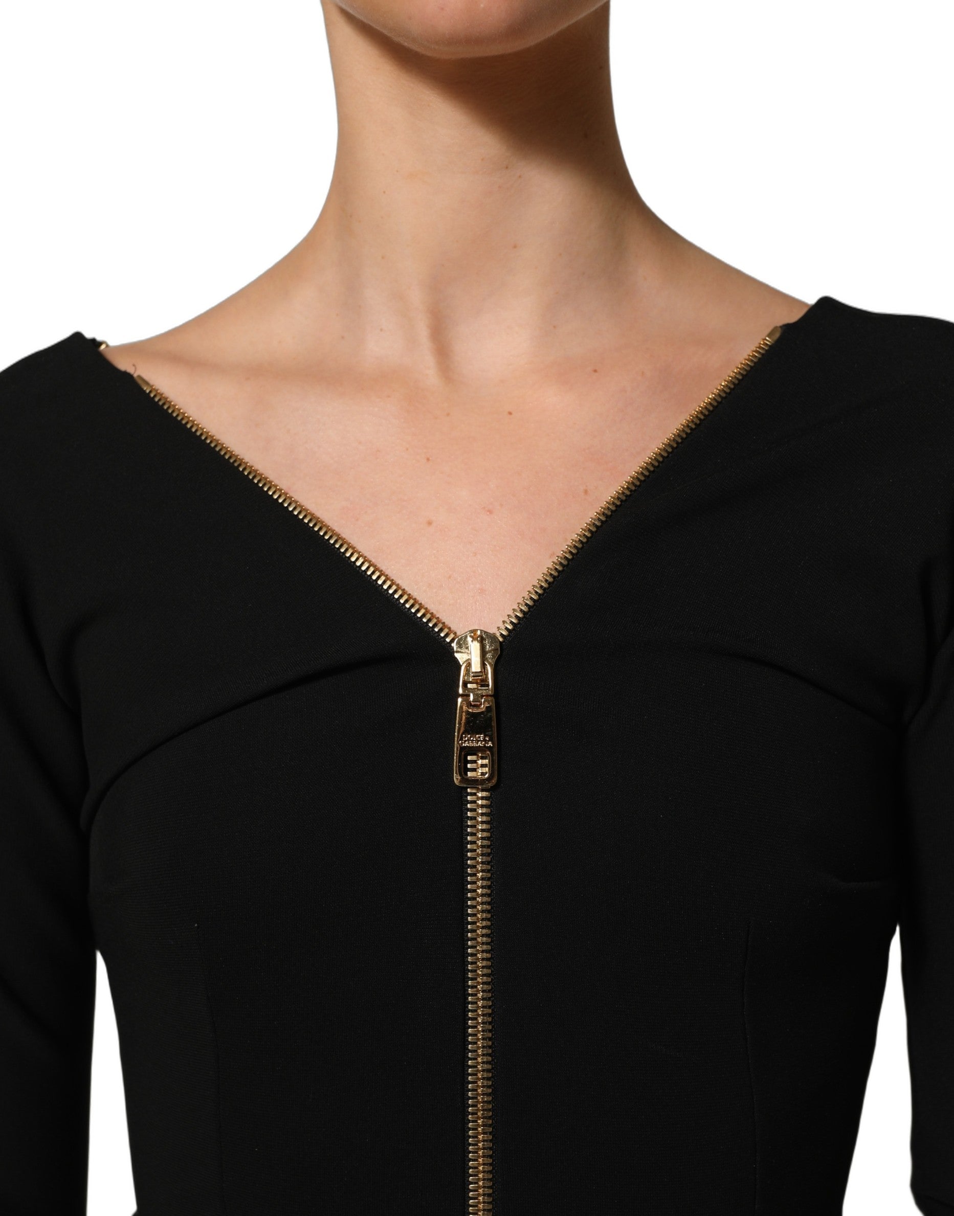 Dolce & Gabbana Black Long Sleeves Front Zipper Midi Women's Dress