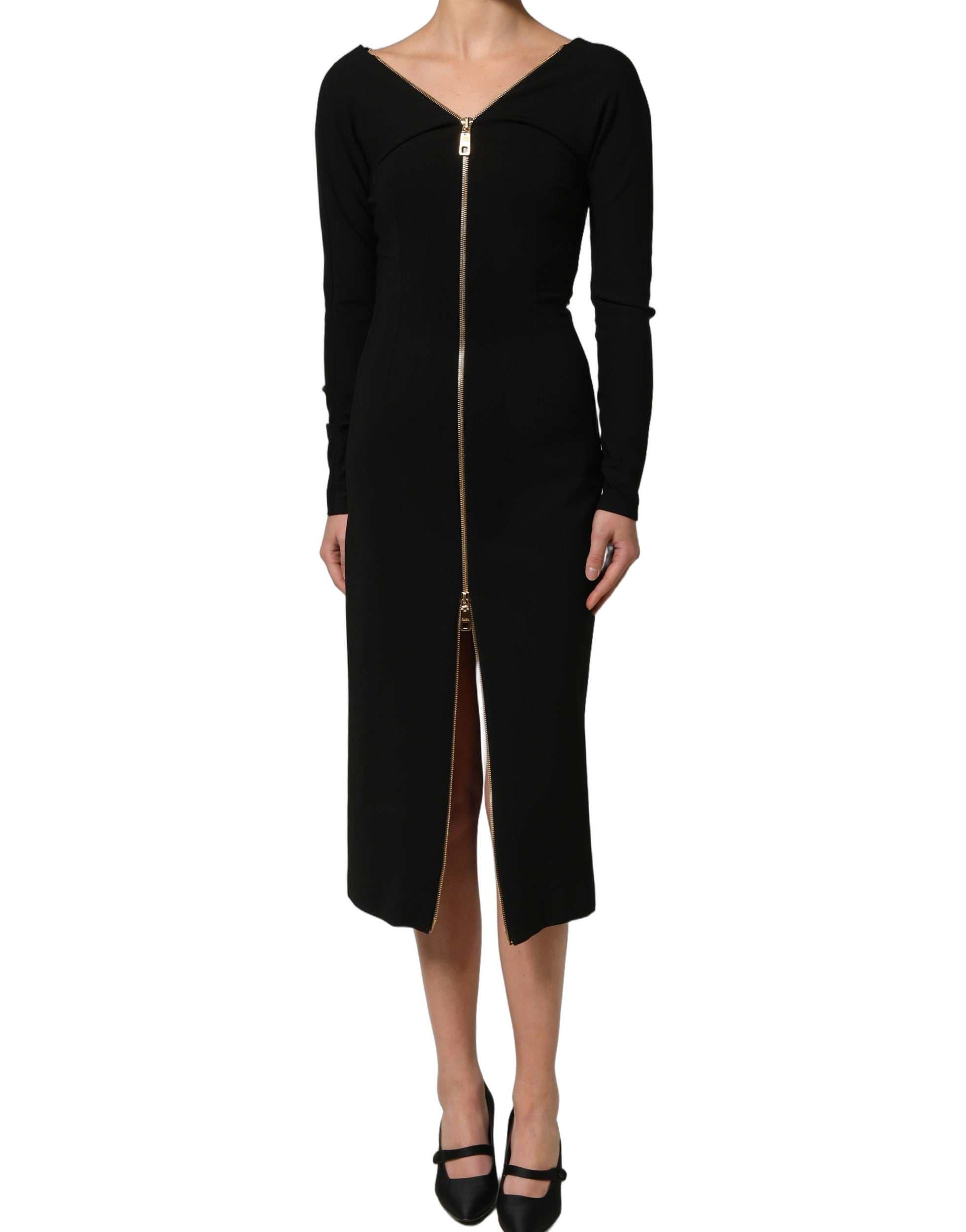 Dolce & Gabbana Black Long Sleeves Front Zipper Midi Women's Dress
