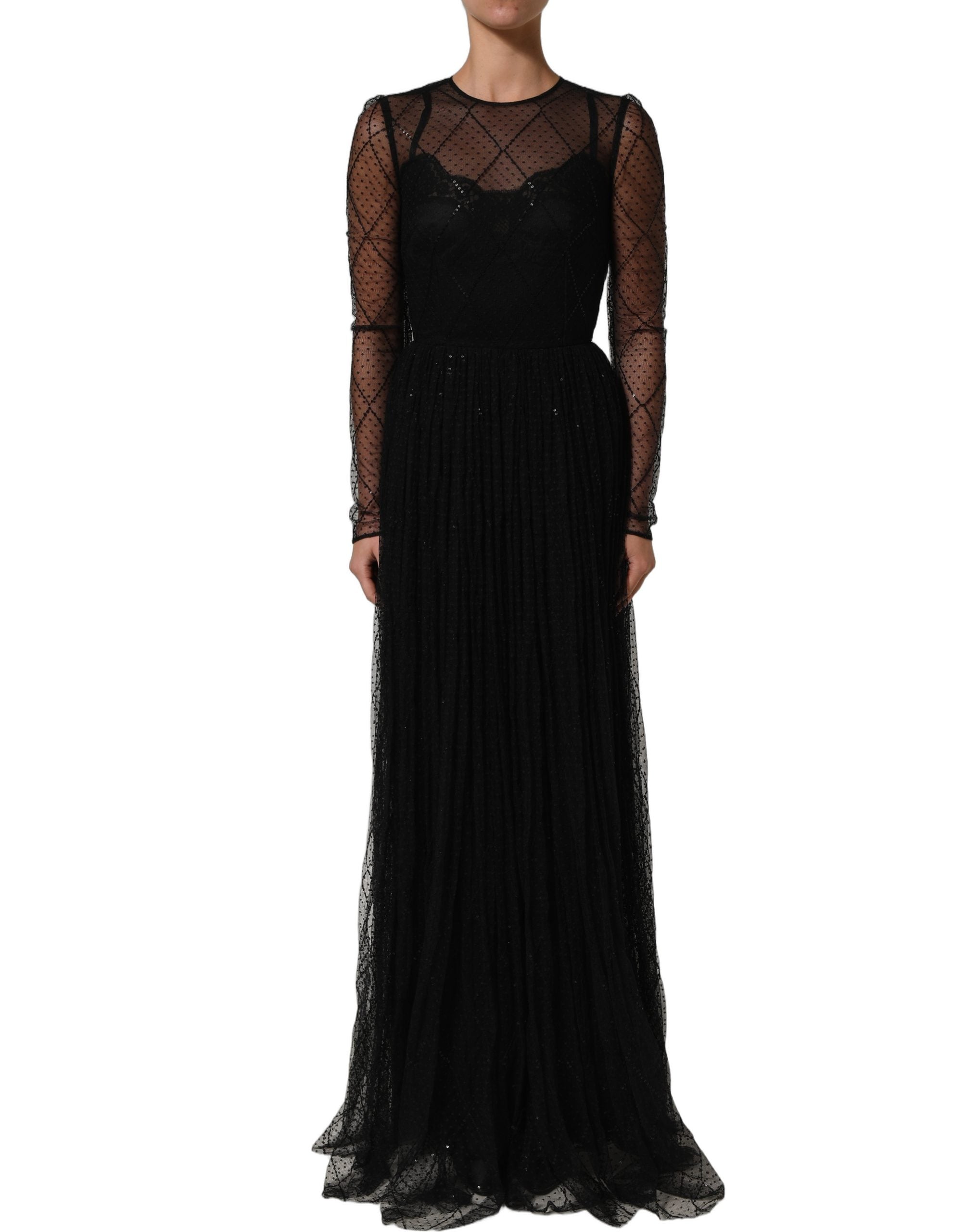 Dolce & Gabbana Black Mesh Lace Long Sleeved Maxi Gown Women's Dress