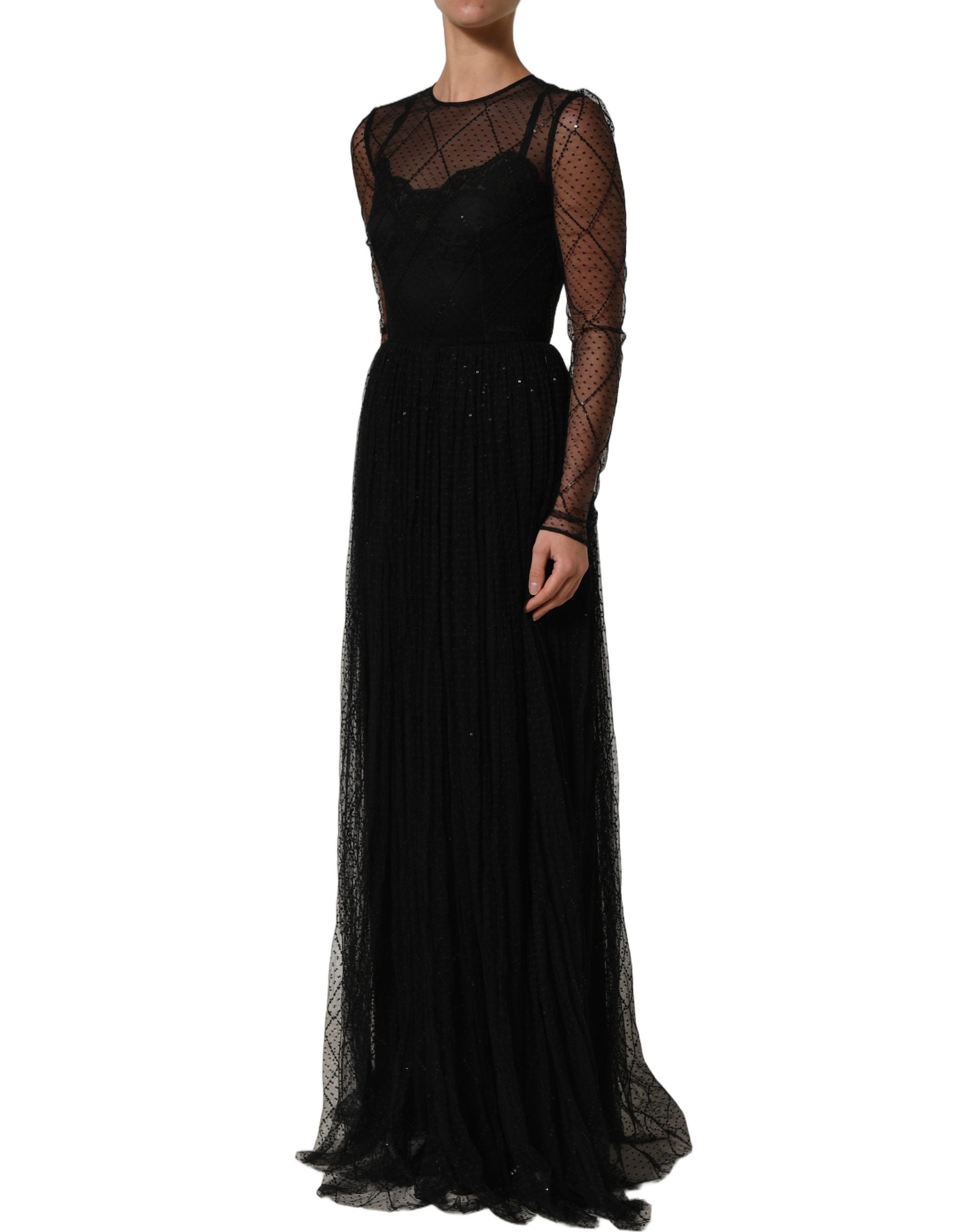 Dolce & Gabbana Black Mesh Lace Long Sleeved Maxi Gown Women's Dress
