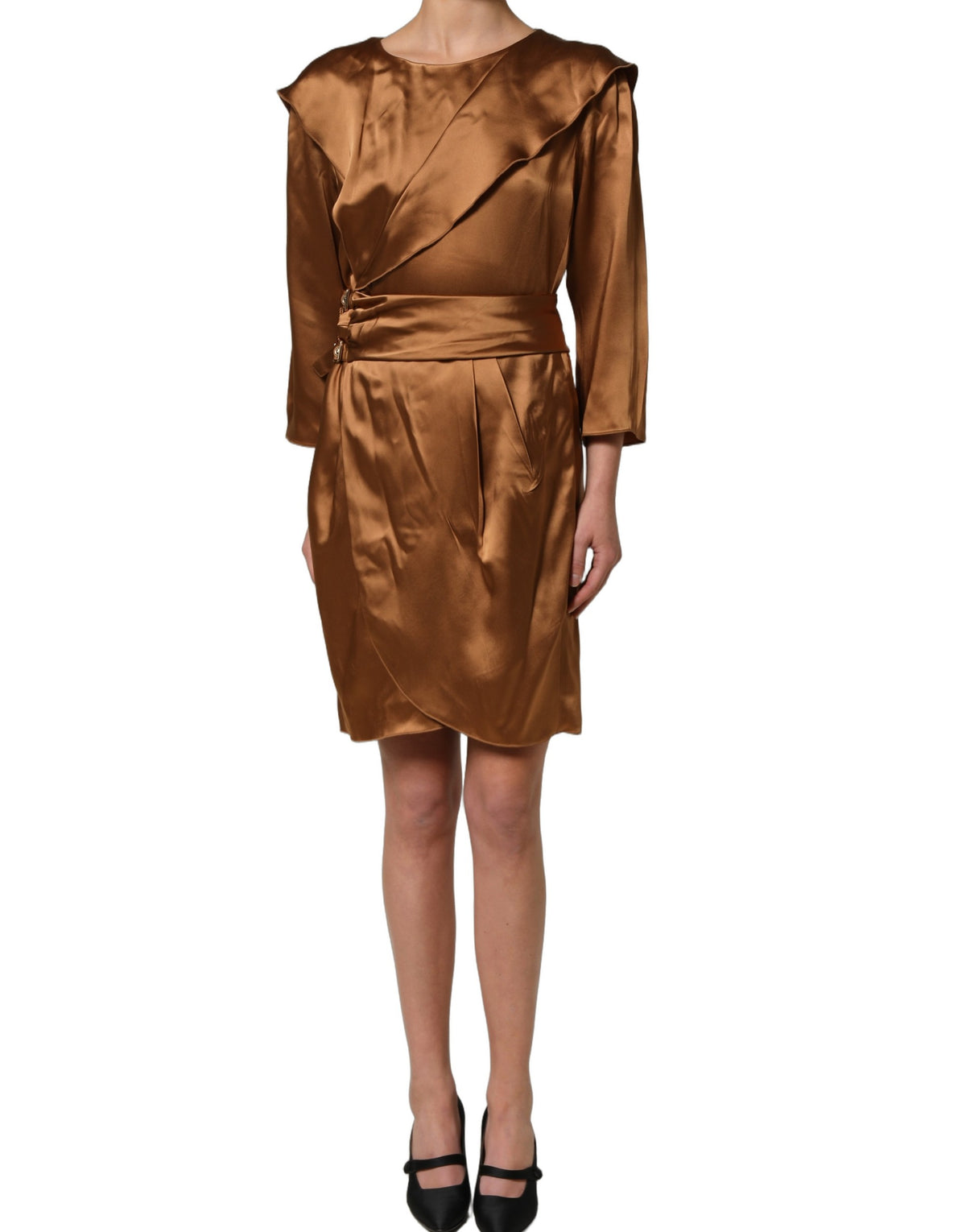 Emporio Armani Brown Satin Acetate Wrap Sheath Mini Belted Women's Dress