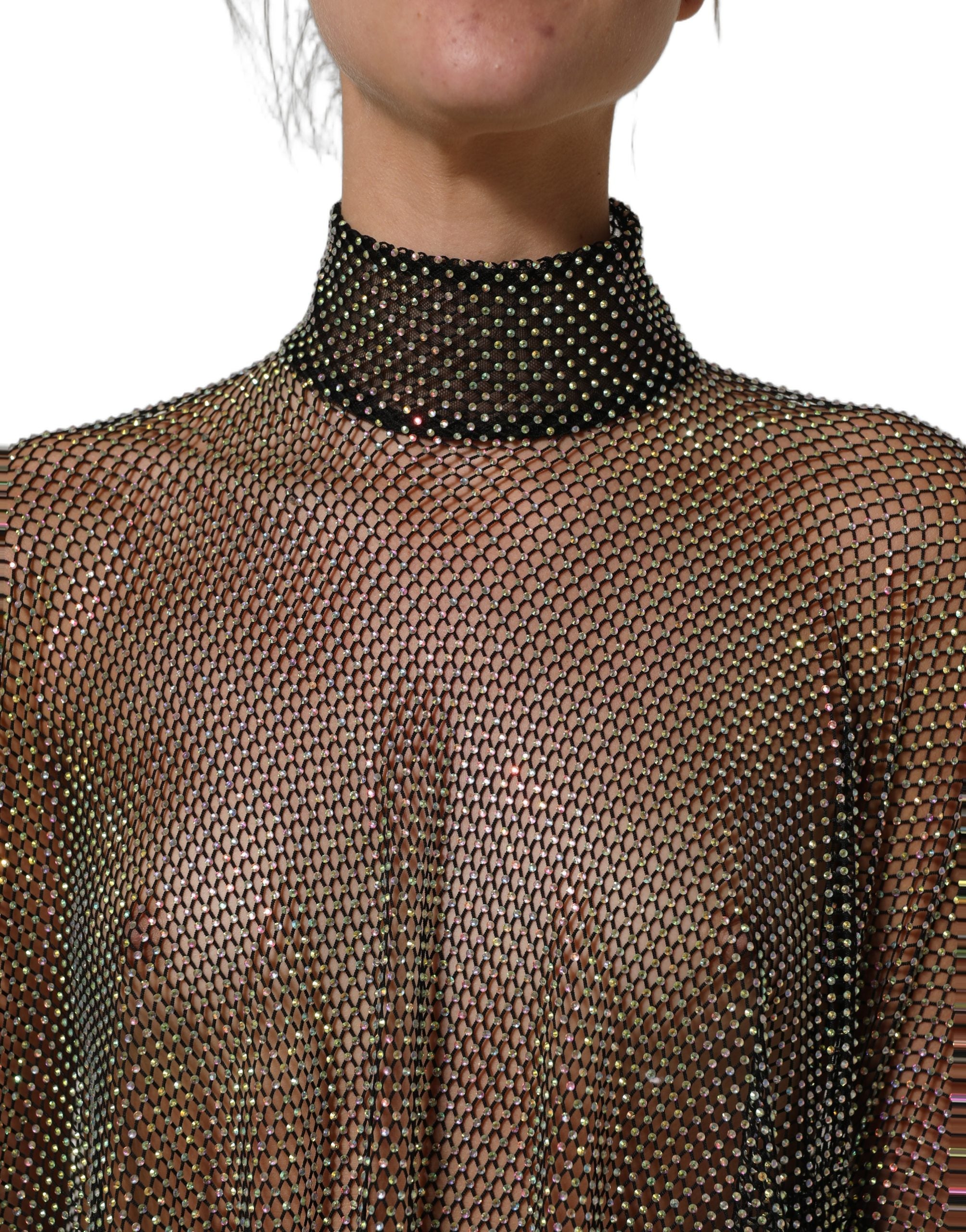 Dolce & Gabbana Black Rhinestone Mesh Turtleneck Maxi Women's Dress