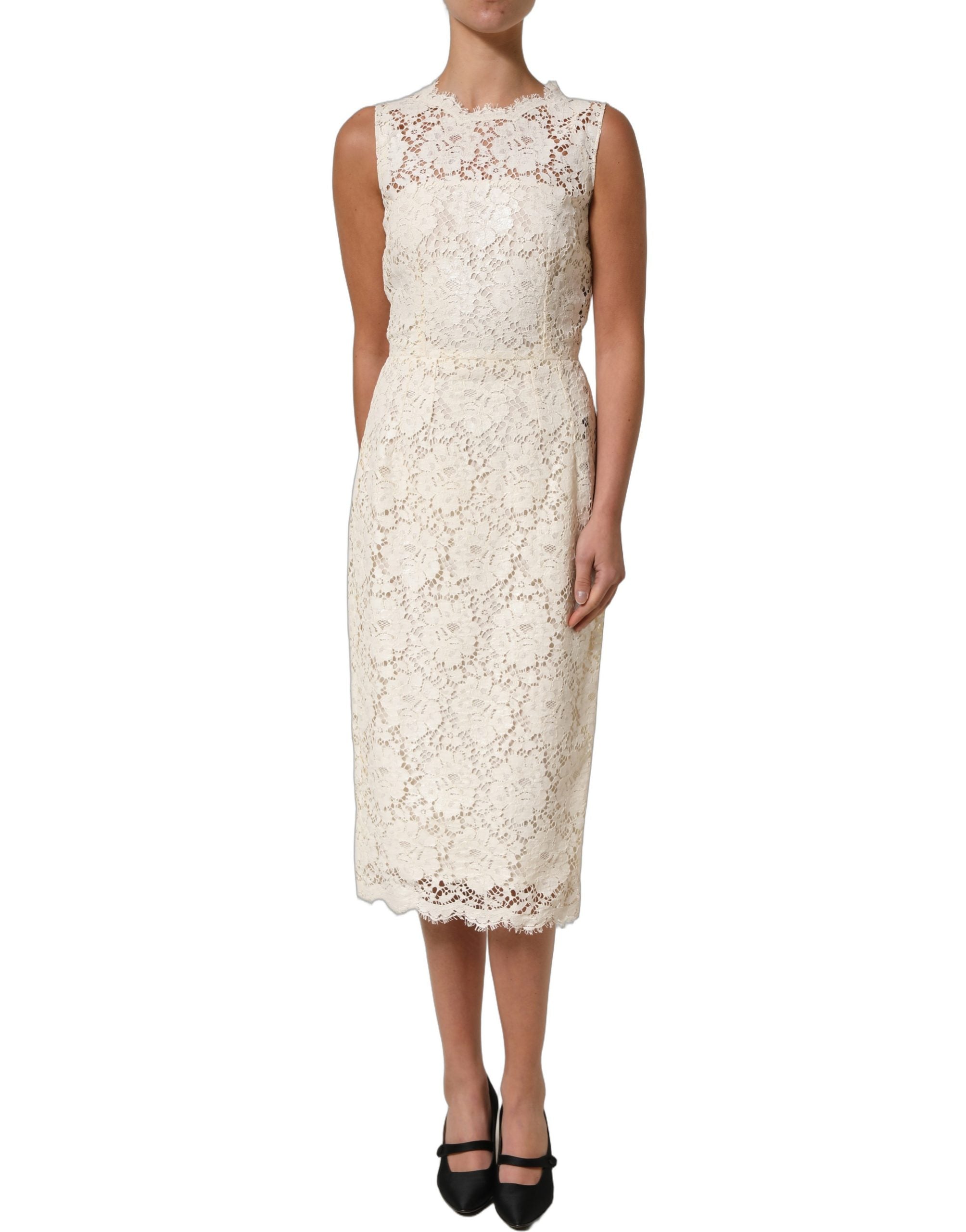 Dolce & Gabbana White Cotton Corded Lace Sleeveless Midi Women's Dress (Pre-Owned)
