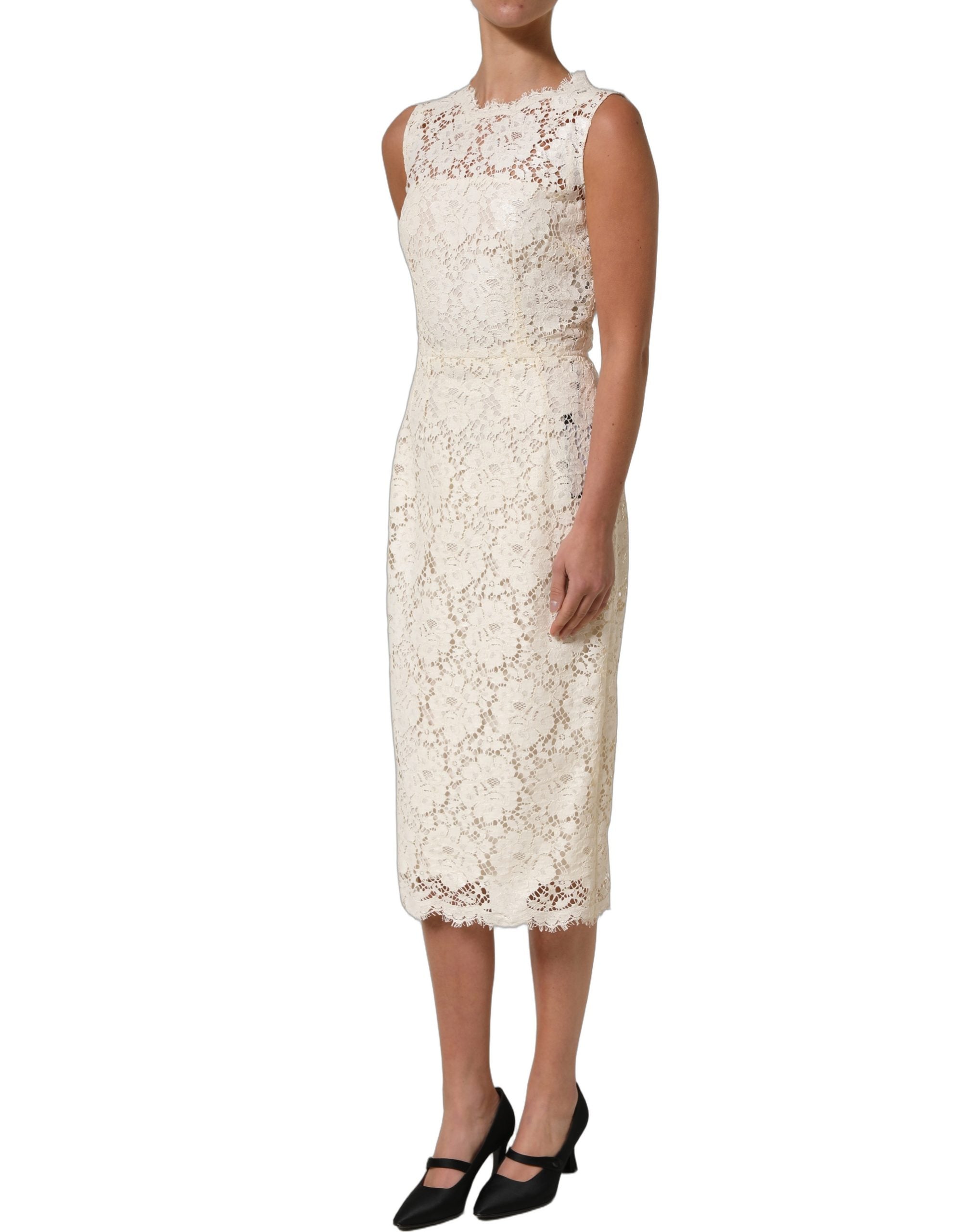 Dolce & Gabbana White Cotton Corded Lace Sleeveless Midi Women's Dress (Pre-Owned)