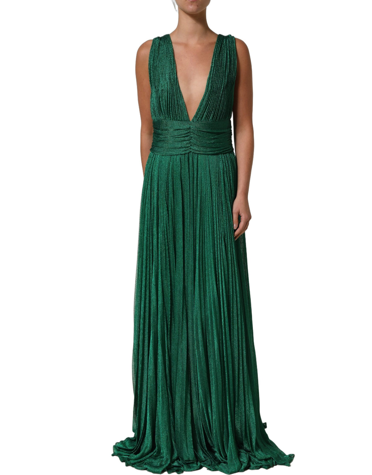 Dolce & Gabbana Metallic Green Sleeveless Plissé Gown Women's Dress (Pre-Owned)