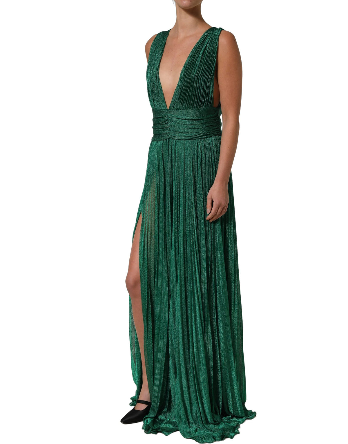 Dolce & Gabbana Metallic Green Sleeveless Plissé Gown Women's Dress (Pre-Owned)