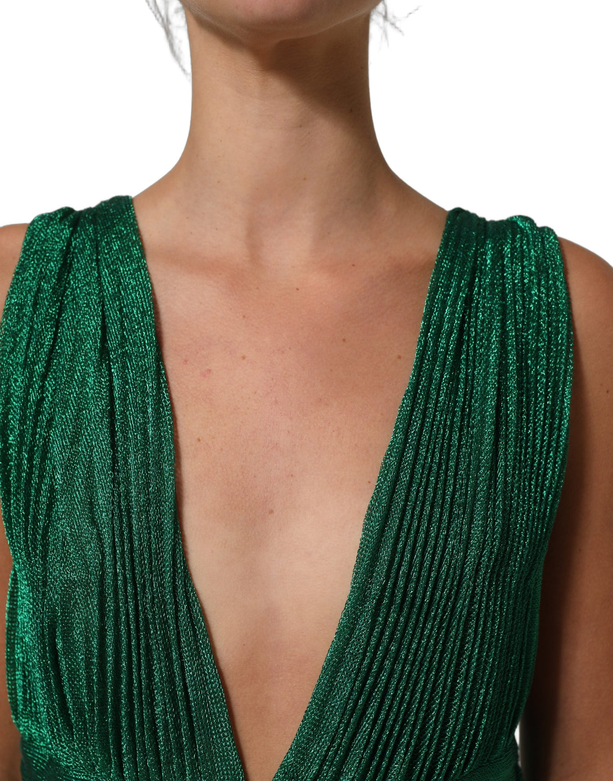Dolce & Gabbana Metallic Green Sleeveless Plissé Gown Women's Dress (Pre-Owned)