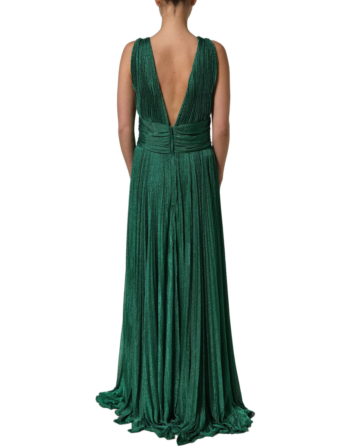 Dolce & Gabbana Metallic Green Sleeveless Plissé Gown Women's Dress (Pre-Owned)