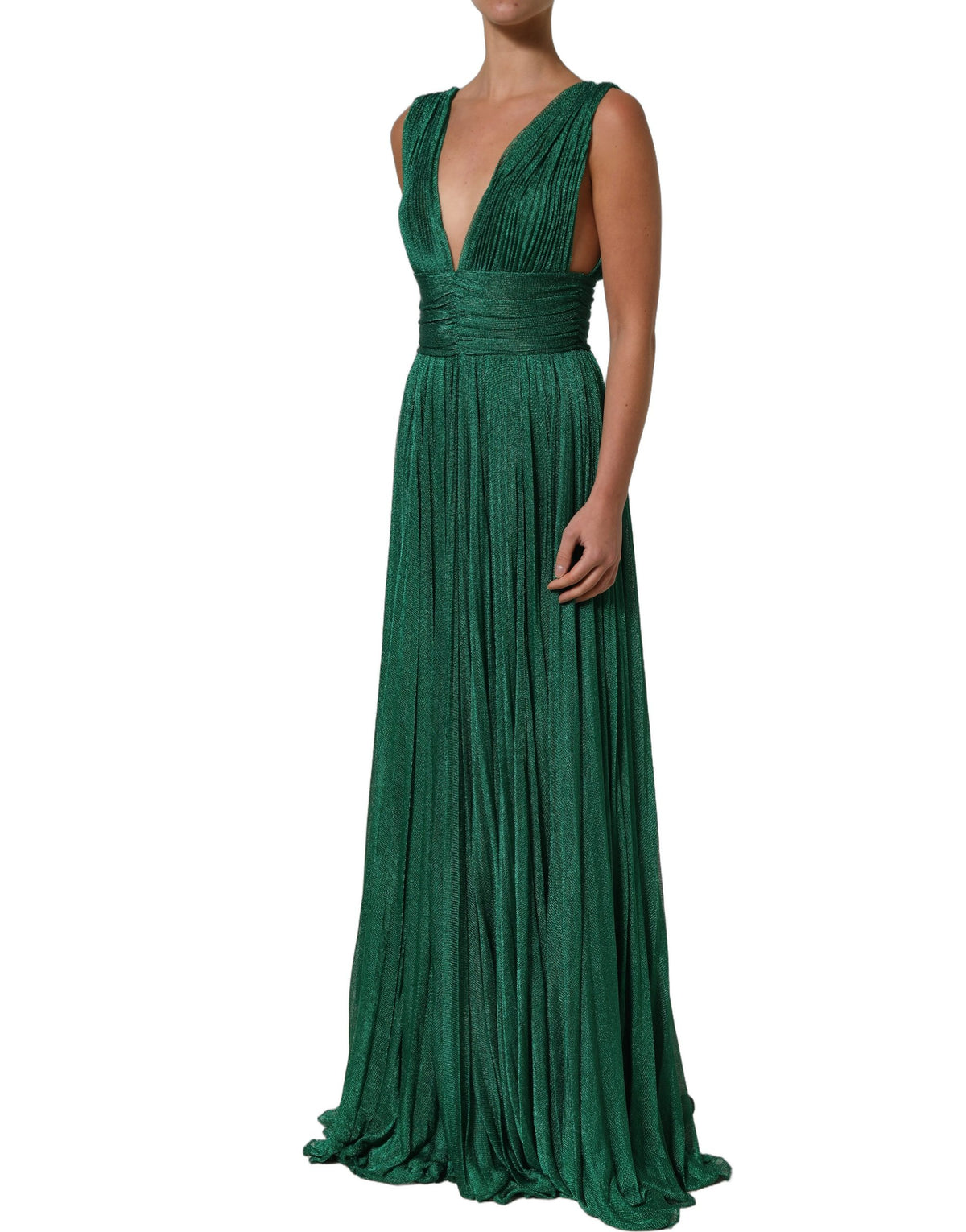 Dolce & Gabbana Metallic Green Sleeveless Plissé Gown Women's Dress (Pre-Owned)
