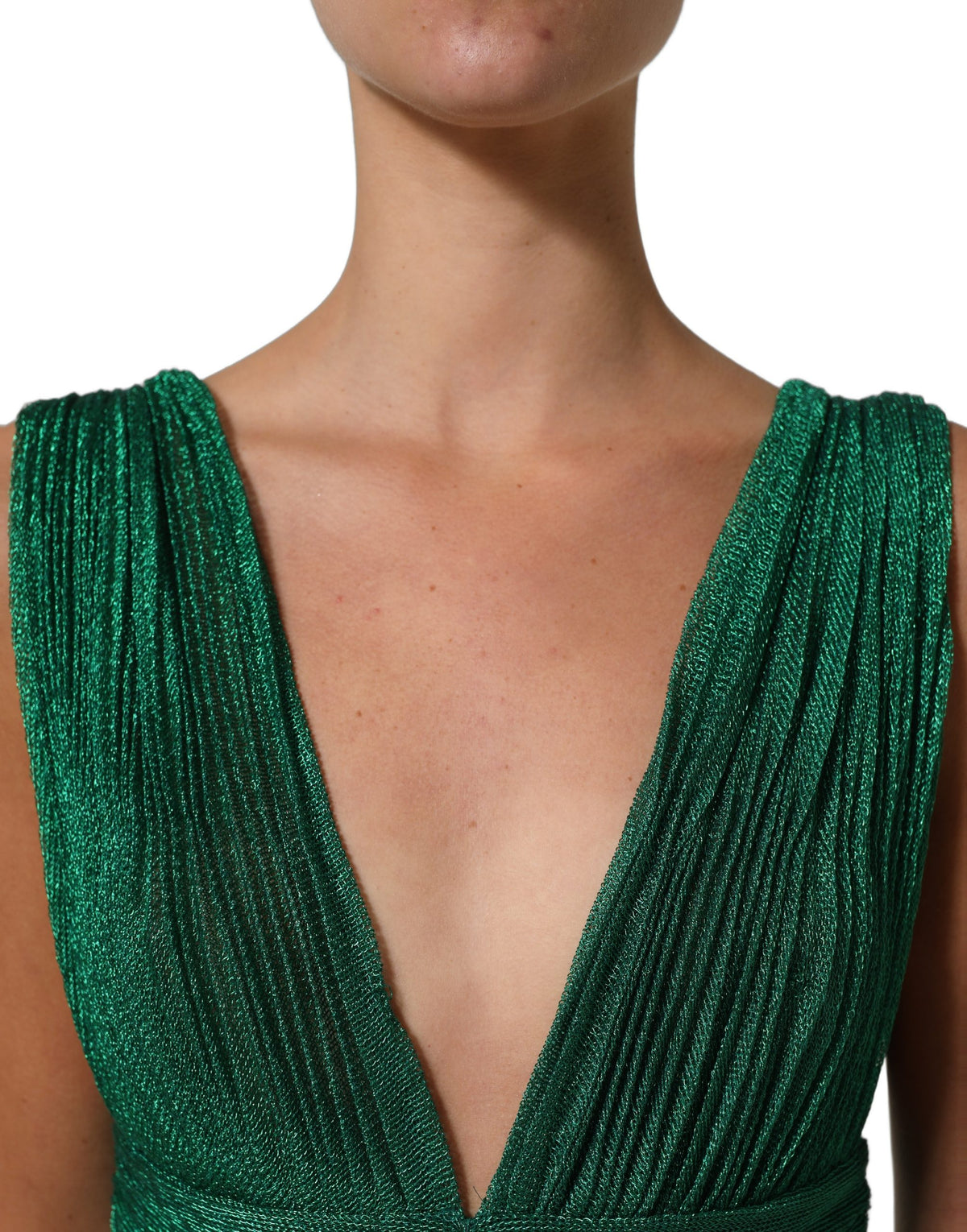 Dolce & Gabbana Metallic Green Sleeveless Plissé Gown Women's Dress (Pre-Owned)